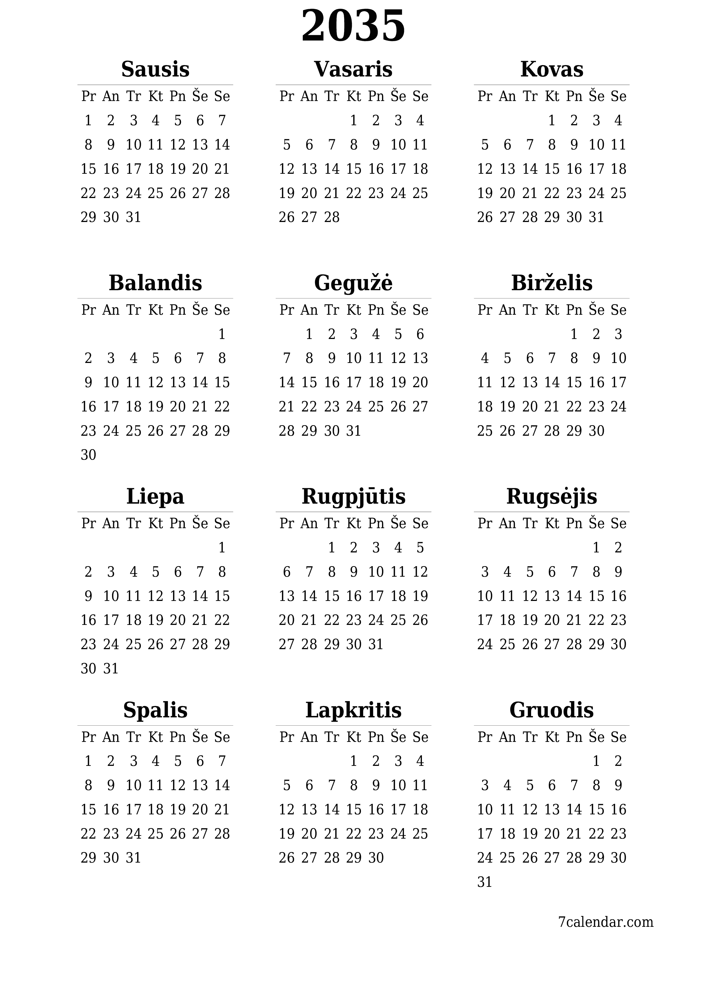 spausdinamas sieninis kalendoriaus šabloną nemokamas vertikaliai Kasmet kalendorius Birželis (Bir) 2035