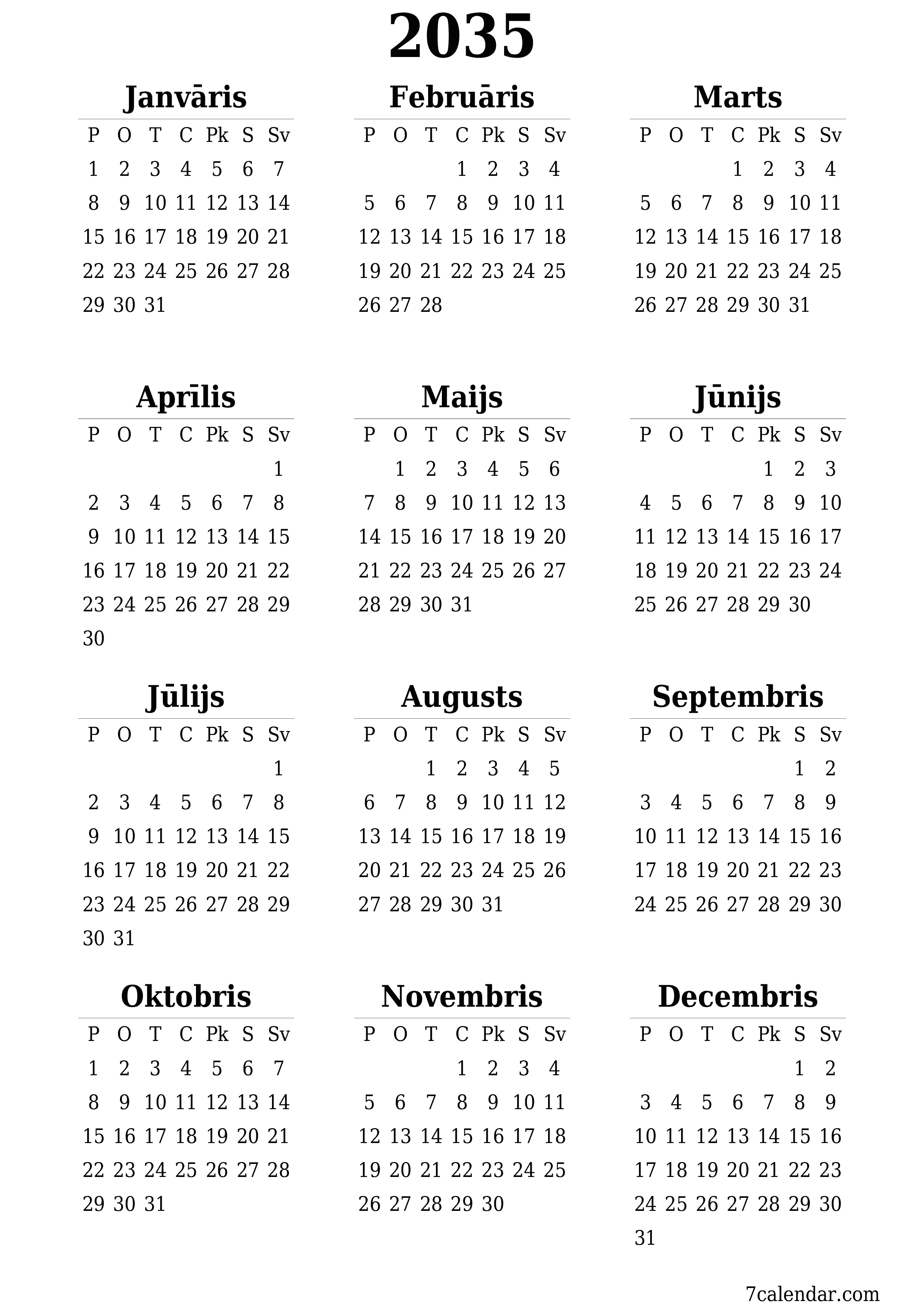 izdrukājams sienas kalendāra veidne bezmaksas vertikāli Gada kalendārs Jūnijs (Jūn) 2035