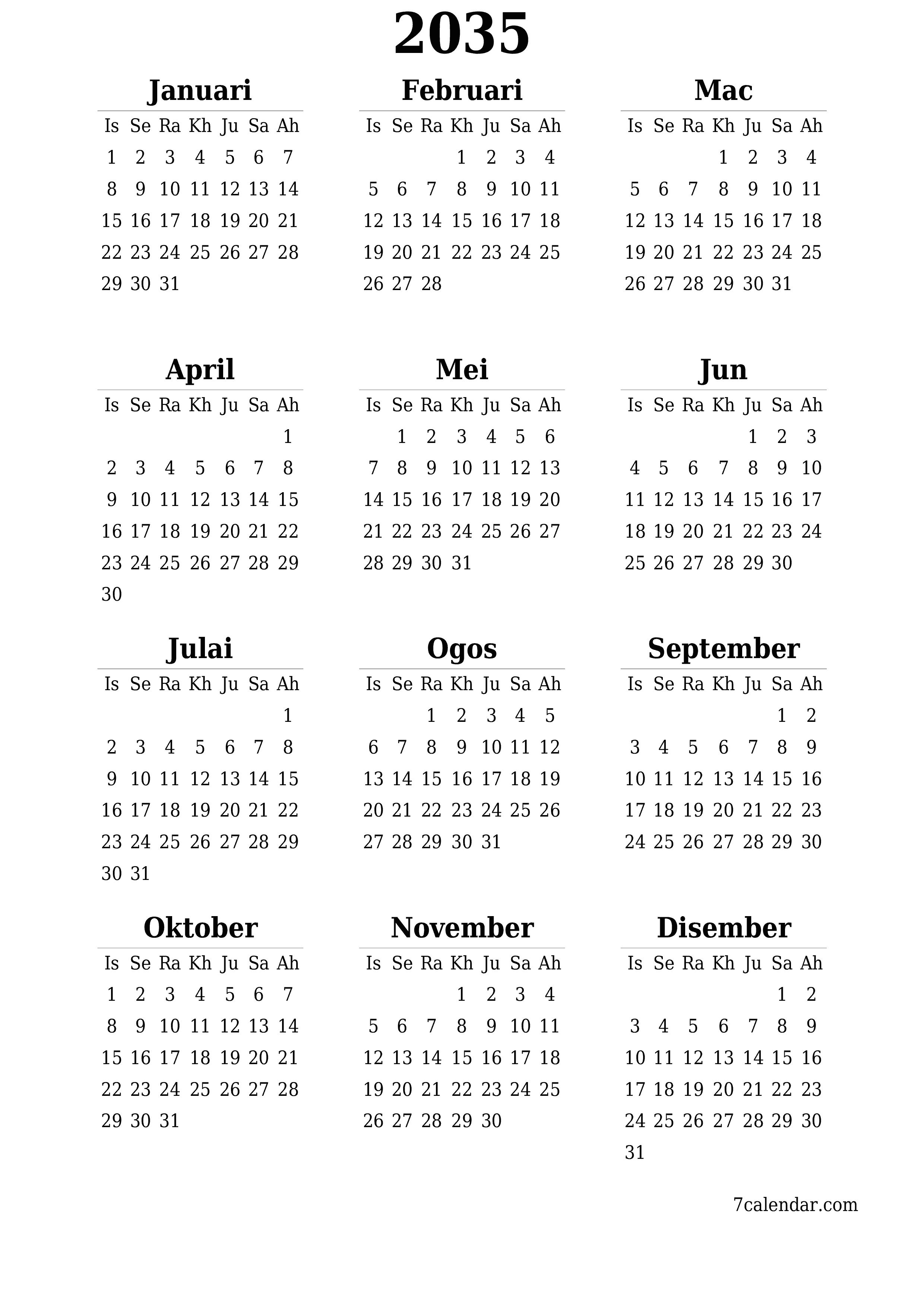  boleh cetak dinding templat percumamenegak Tahunan kalendar Jun (Jun) 2035