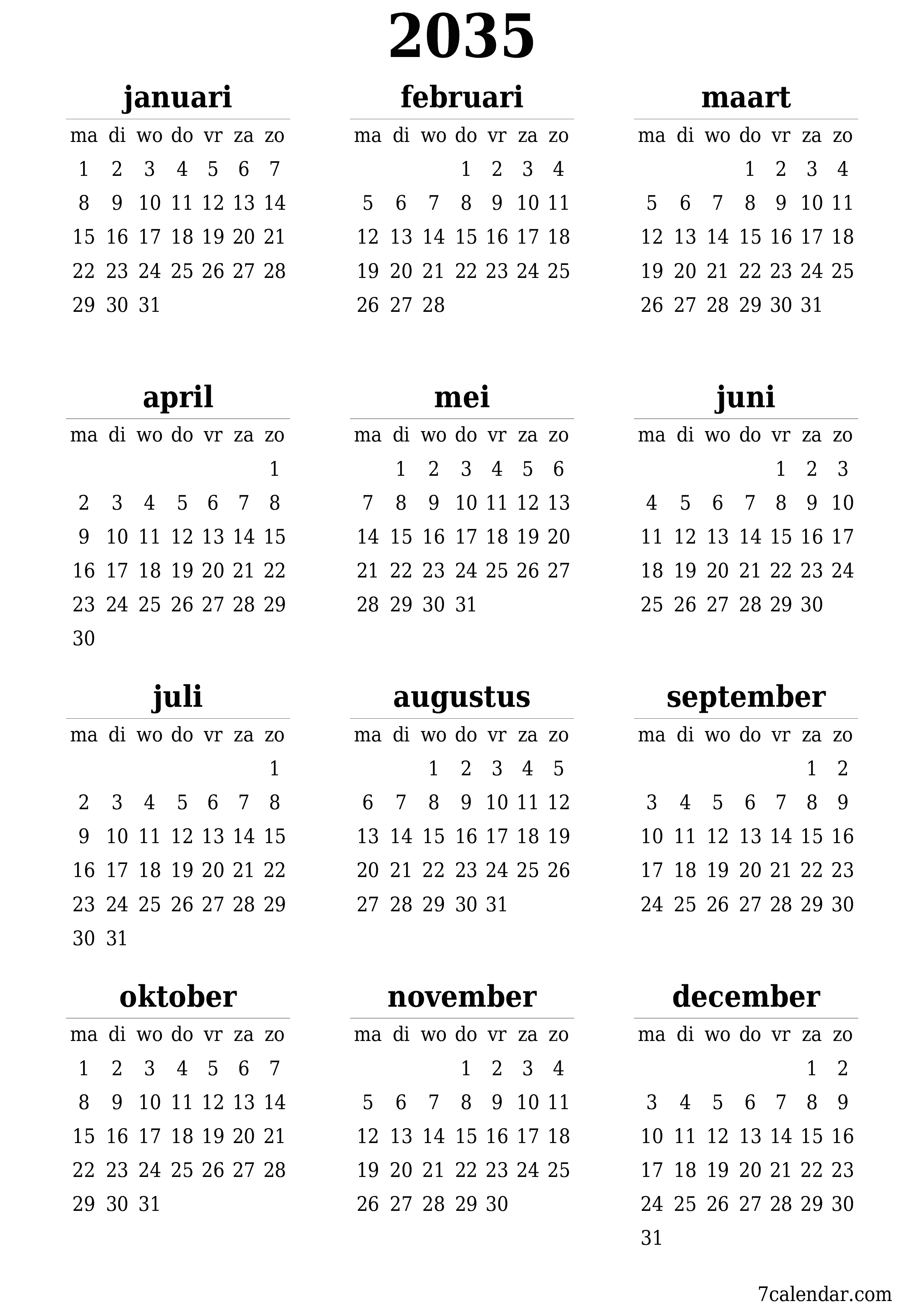 Lege jaarplanningskalender voor het jaar 2035 met notities, opslaan en afdrukken naar pdf PNG Dutch