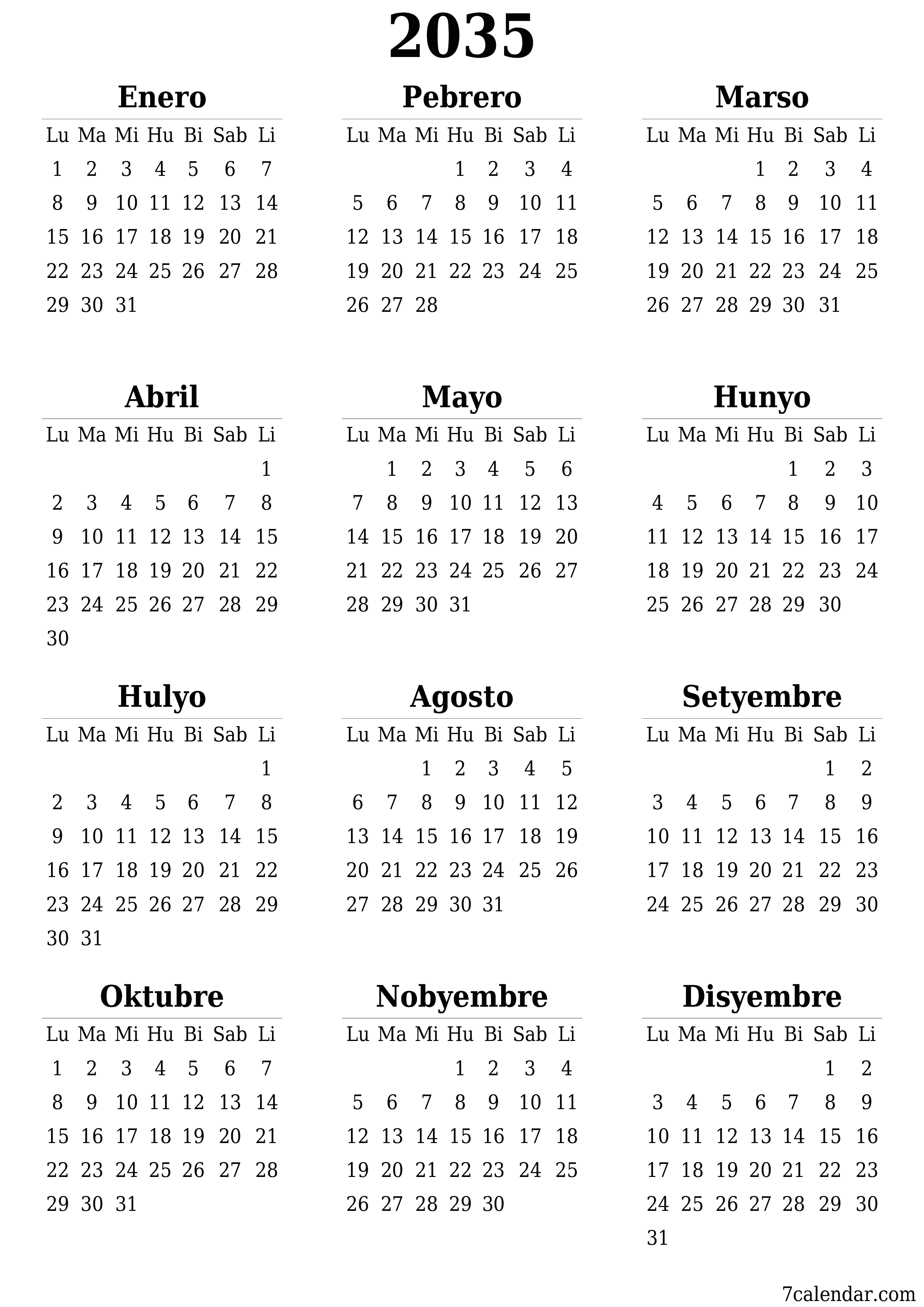 napi-print na sa dingding template ng libreng patayo Taunan kalendaryo Hunyo (Hun) 2035