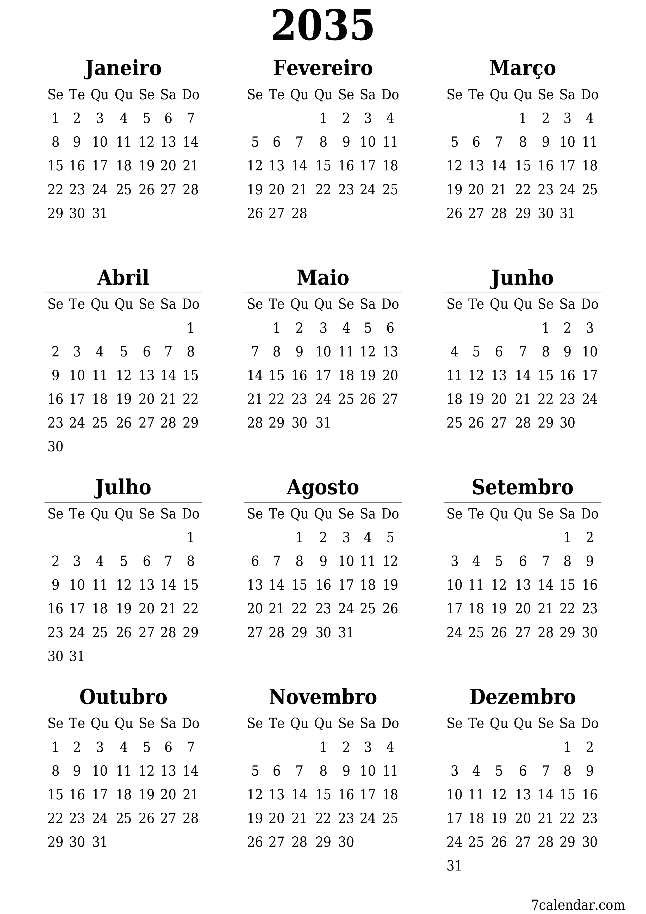 Calendário de planejador anual vazio para o ano 2035 com notas, salve e imprima em PDF PNG Portuguese