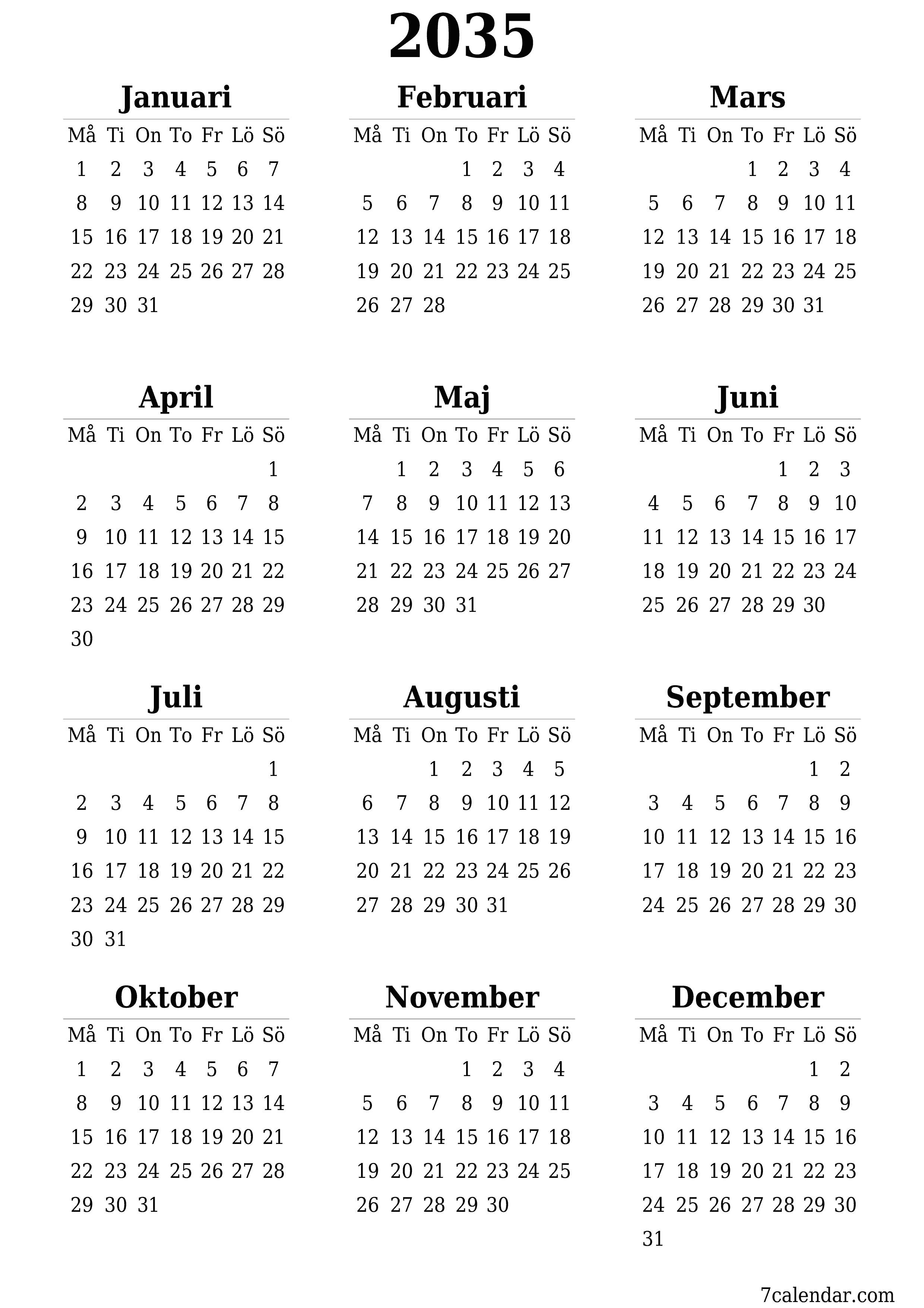 Tom årlig planeringskalender för året 2035 med anteckningar, spara och skriv ut till PDF PNG Swedish