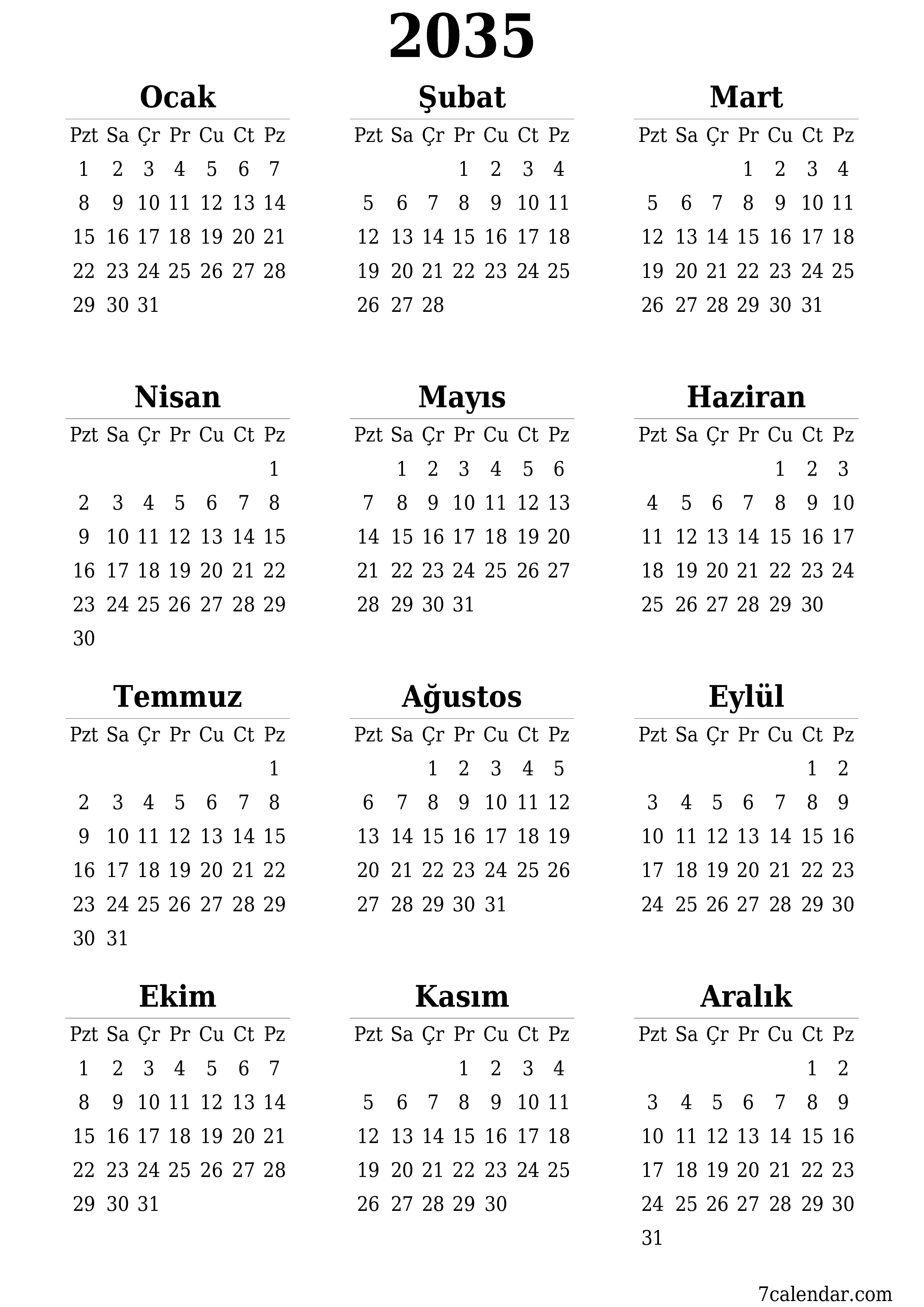 yazdırılabilir duvar i şablonu ücretsiz dikey Yıllık takvim Haziran (Haz) 2035