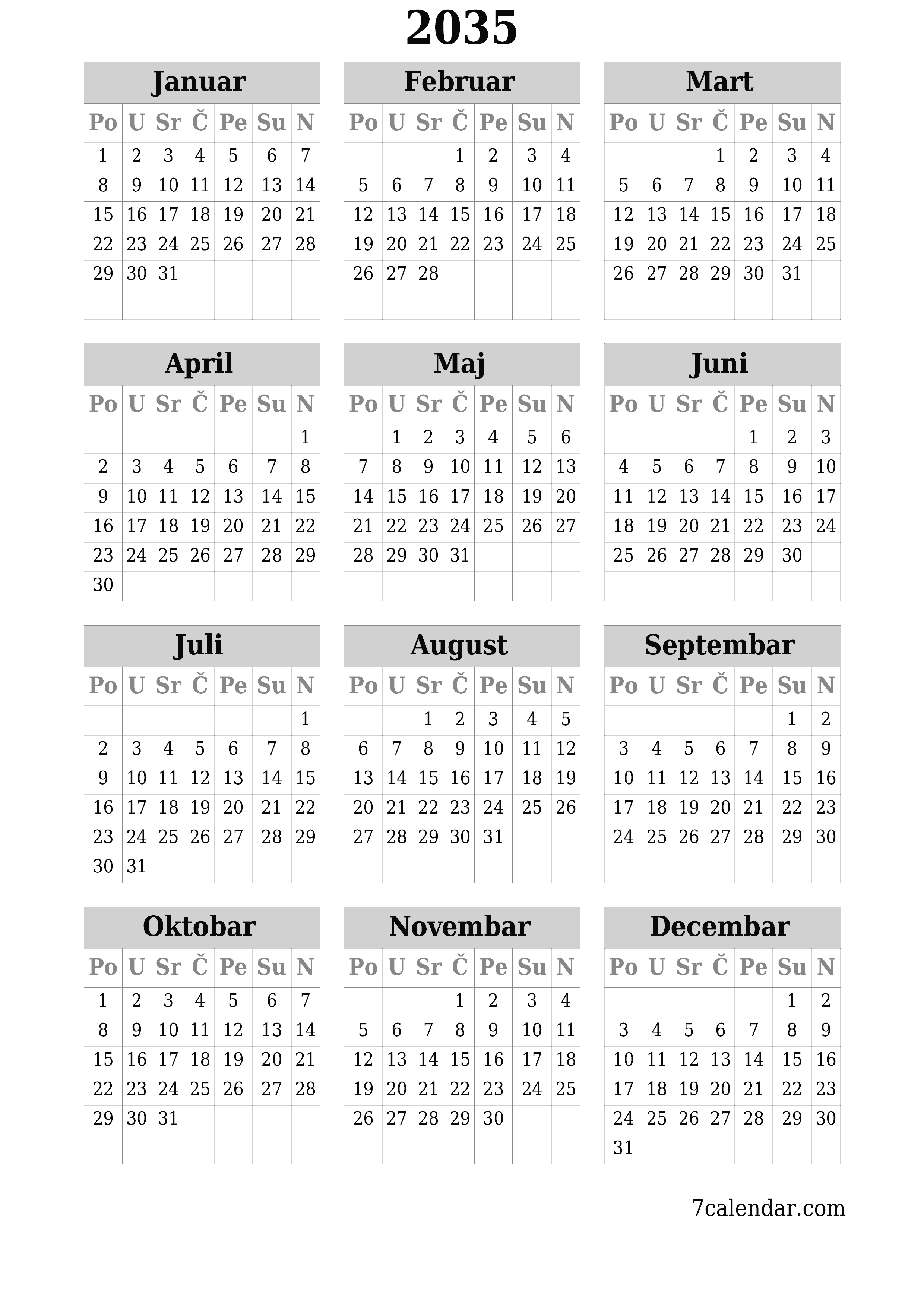  za štampanje zidni šablon a besplatni vertikalno Godišnje kalendar Juni (Jun) 2035