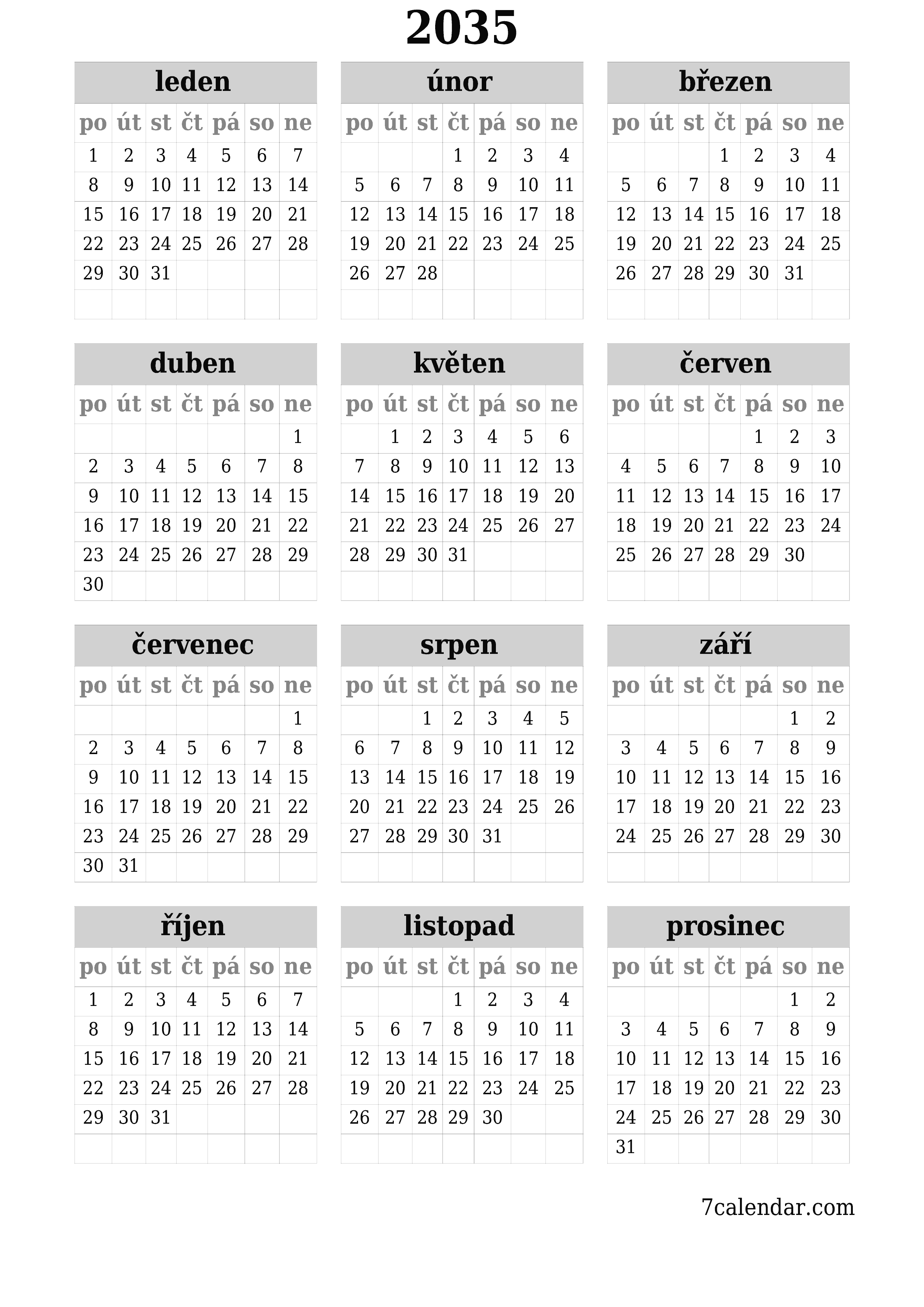  pro tisk nástěnný šablona e zdarmavertikální Roční kalendář červen (čvn) 2035