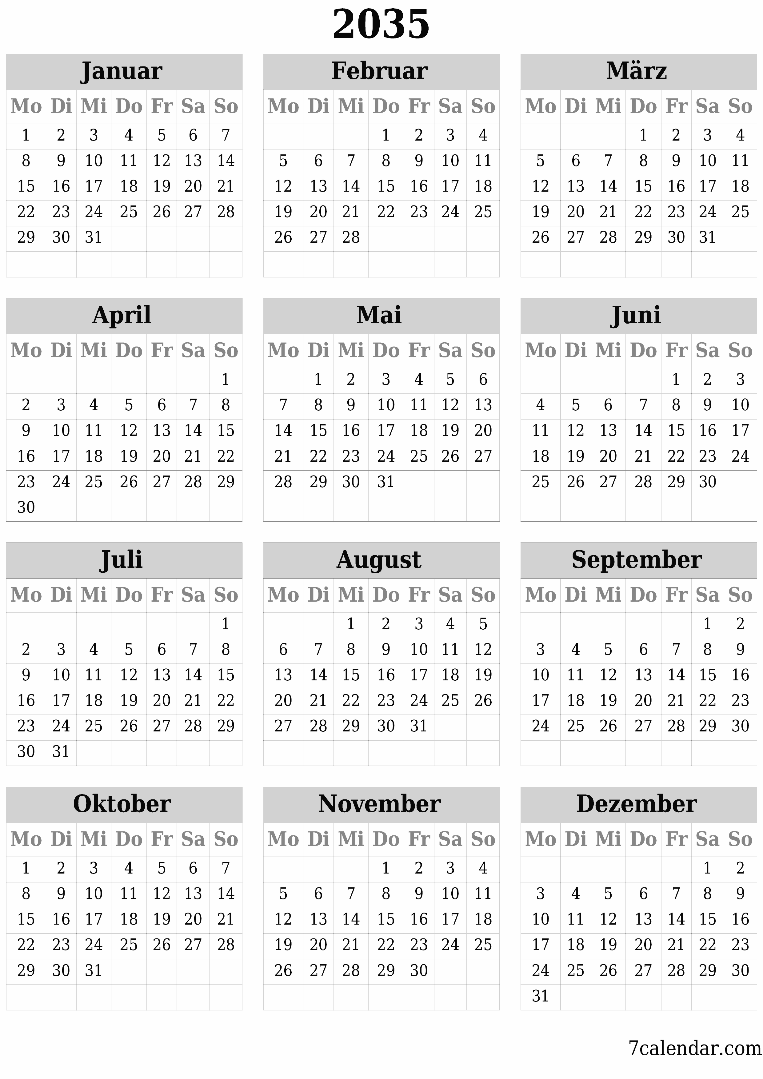 Jahresplanerkalender für das Jahr 2035 mit Notizen leeren, speichern und als PDF PNG German - 7calendar.com drucken