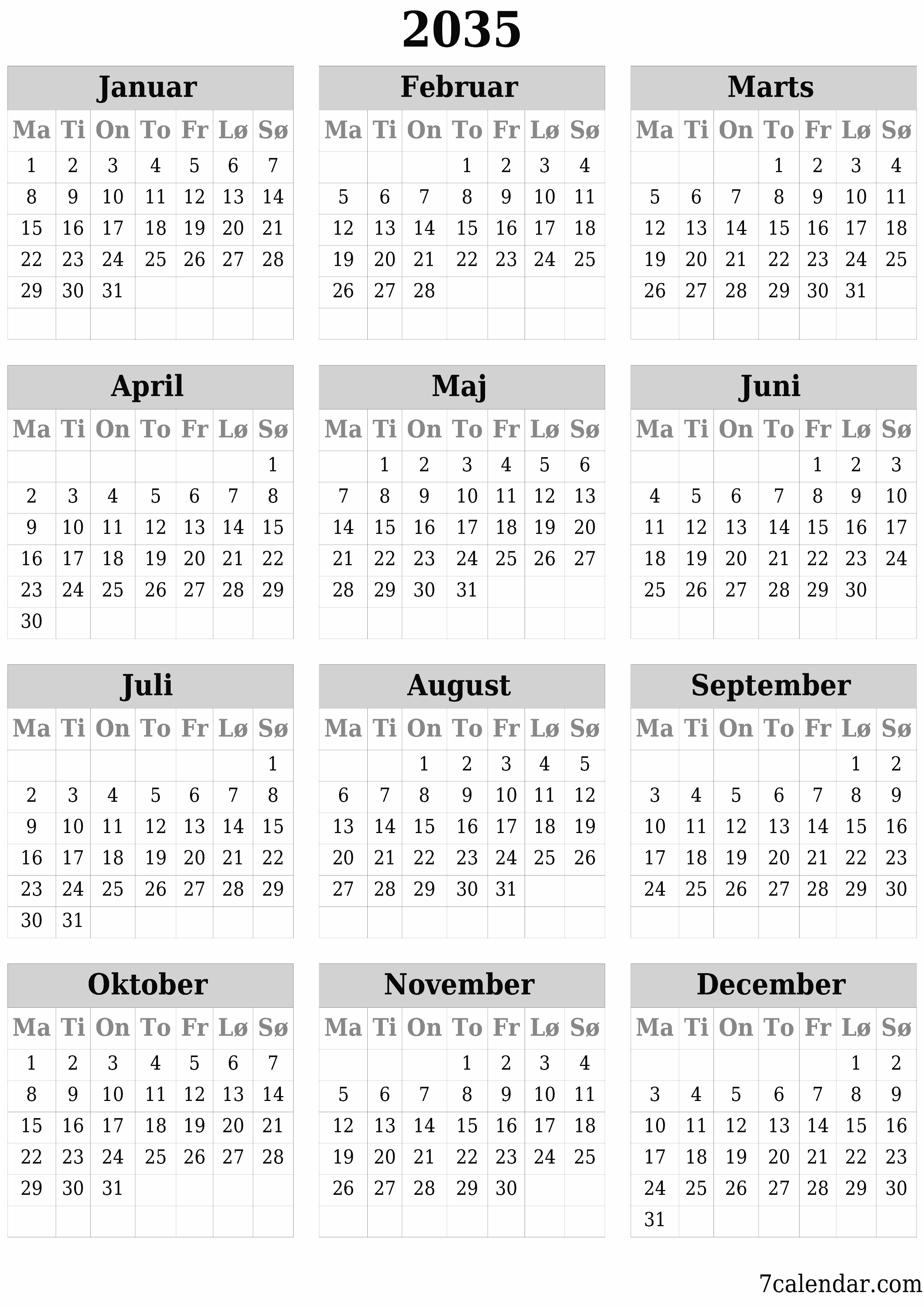 Tom årlig planlægningskalender for året 2035 med noter, gem og udskriv til PDF PNG Danish