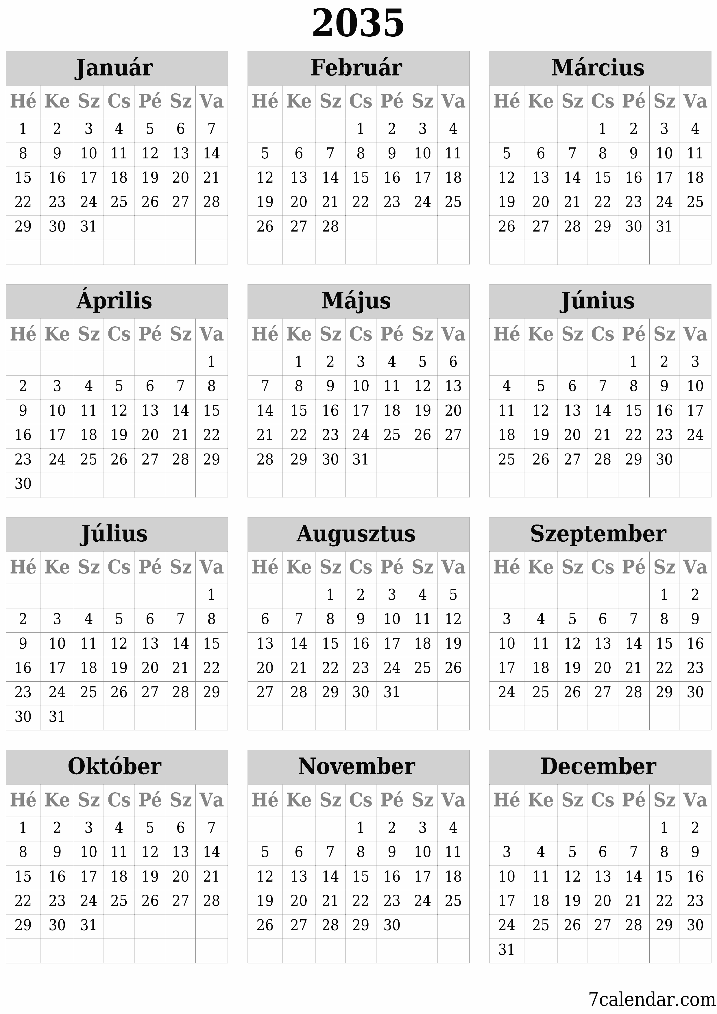 nyomtatható fali sablon ingyenes függőleges Éves naptár Június (Jún) 2035