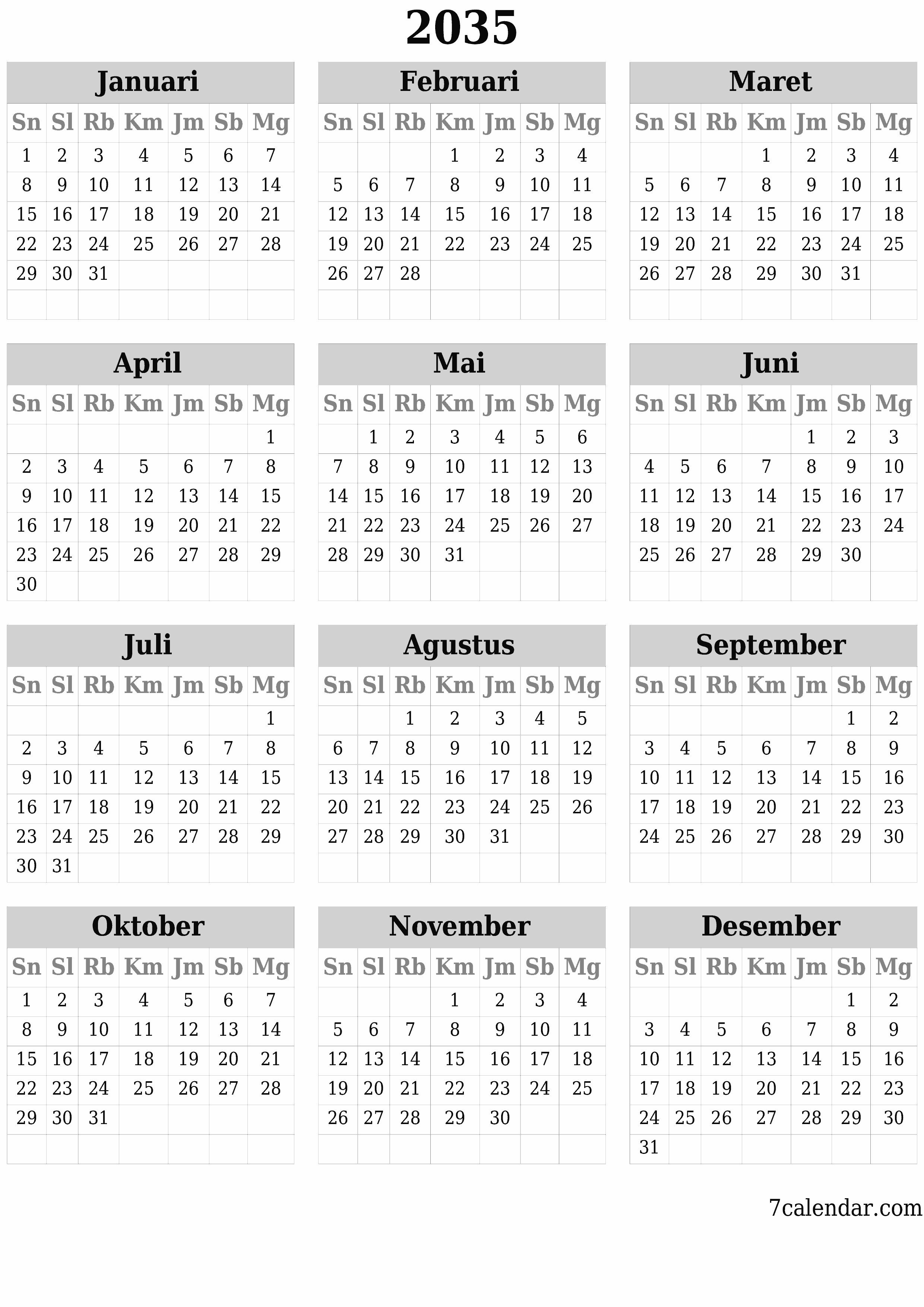 Kosongkan kalender perencana tahunan untuk tahun ini 2035 dengan catatan, simpan dan cetak ke PDF PNG Indonesian