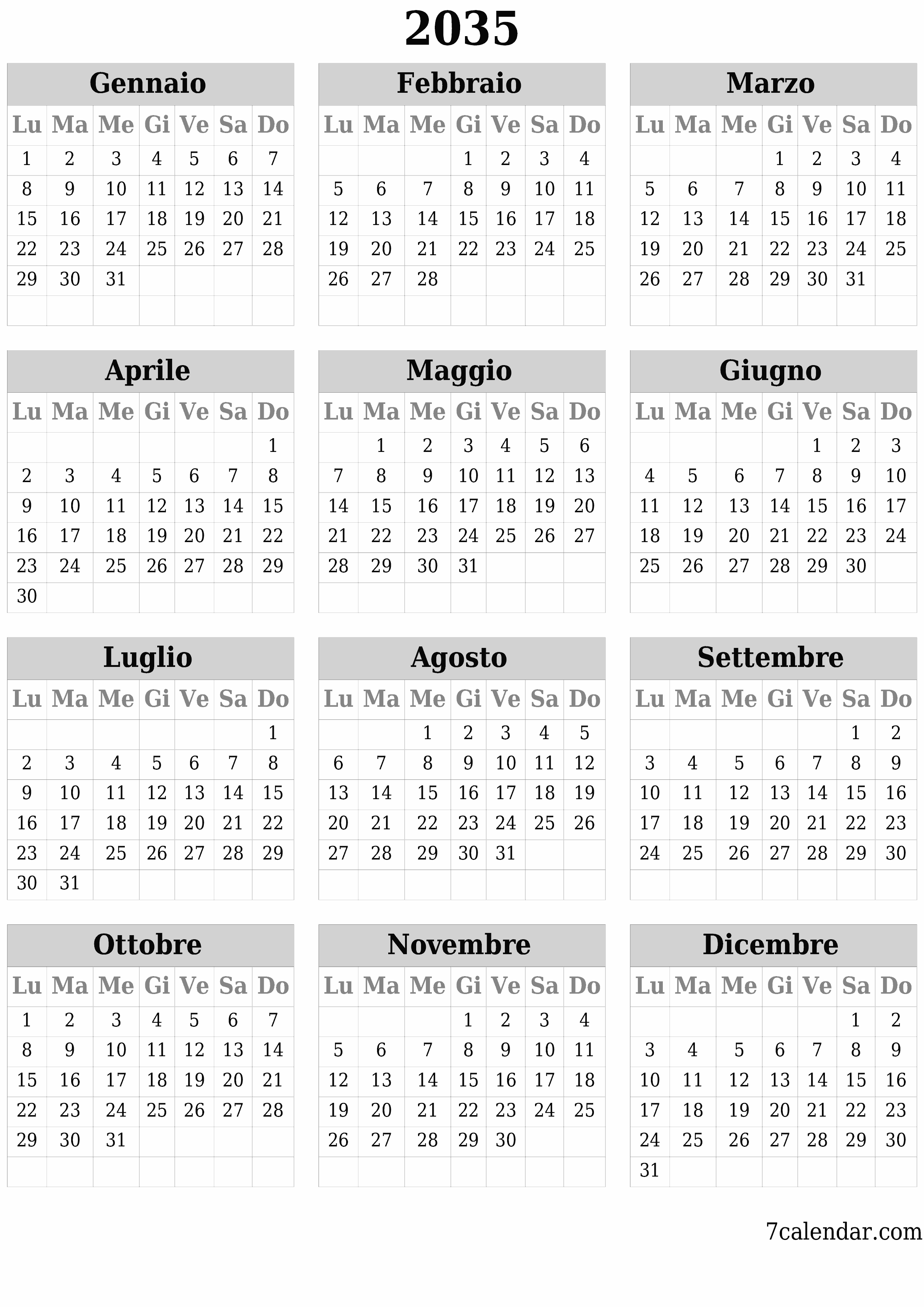 Calendario pianificatore annuale vuoto per l'anno 2035 con note, salva e stampa in PDF PNG Italian