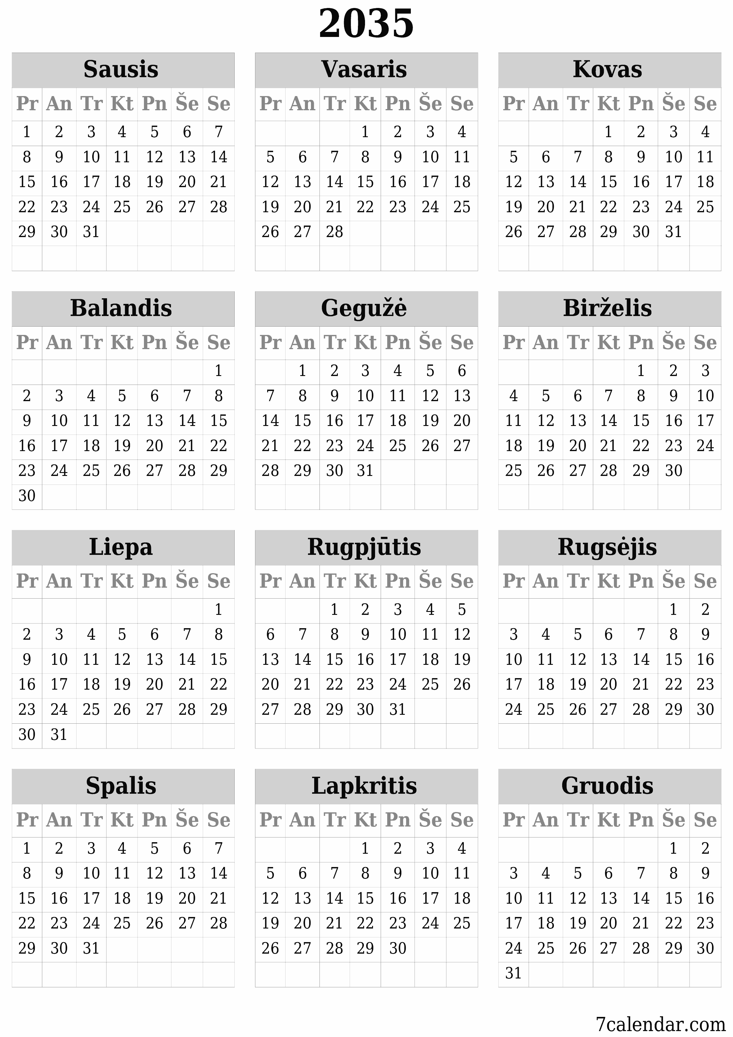 spausdinamas sieninis kalendoriaus šabloną nemokamas vertikaliai Kasmet kalendorius Birželis (Bir) 2035