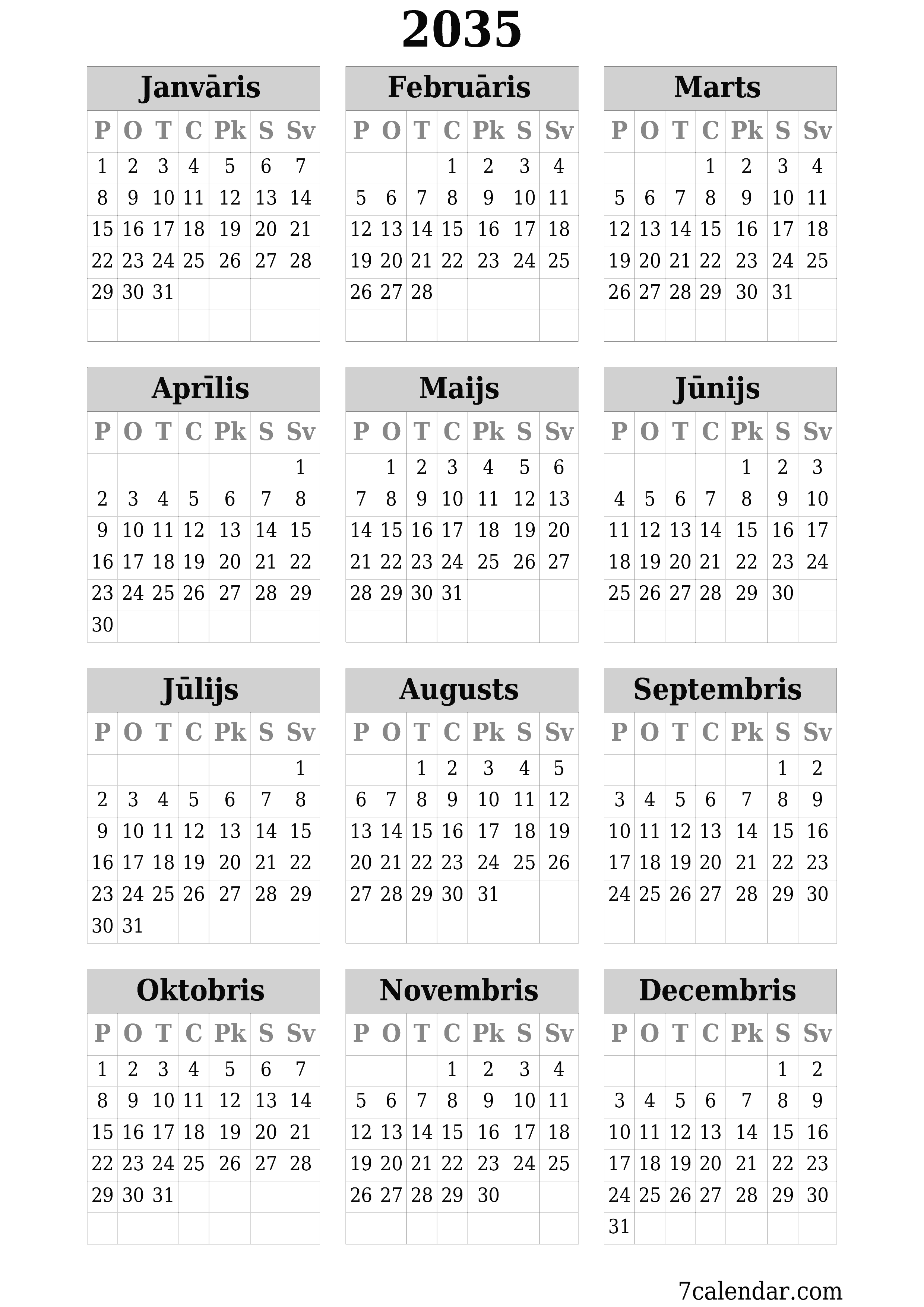 izdrukājams sienas kalendāra veidne bezmaksas vertikāli Gada kalendārs Jūnijs (Jūn) 2035