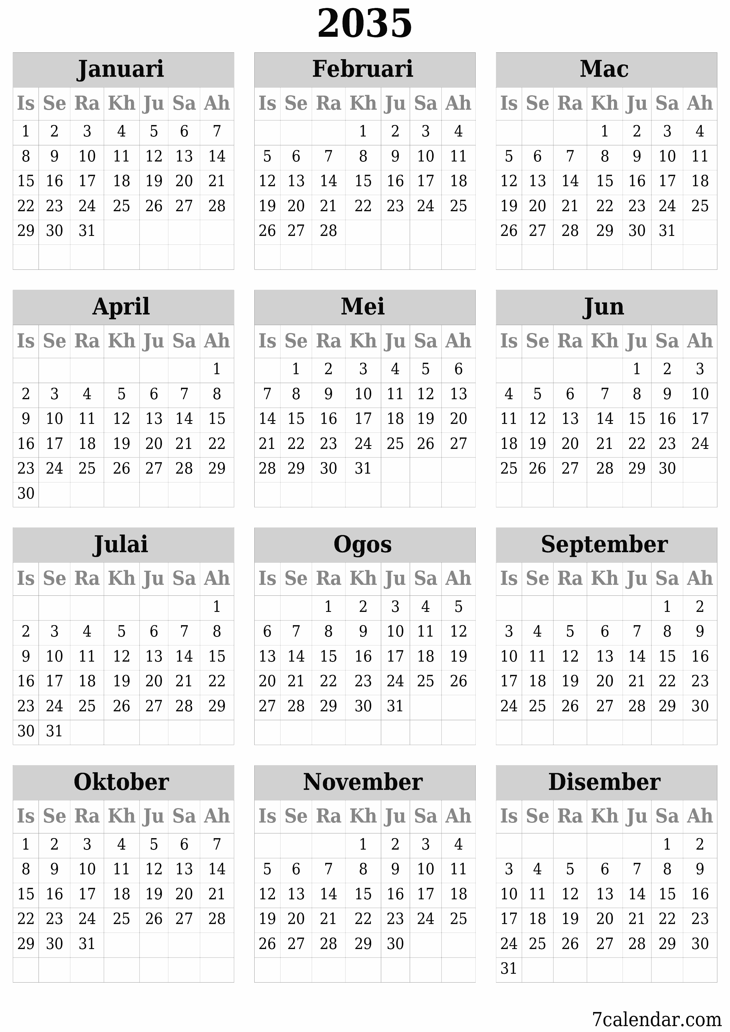 Kalendar perancang tahunan kosong untuk tahun ini 2035 dengan nota, simpan dan cetak ke PDF PNG Malay