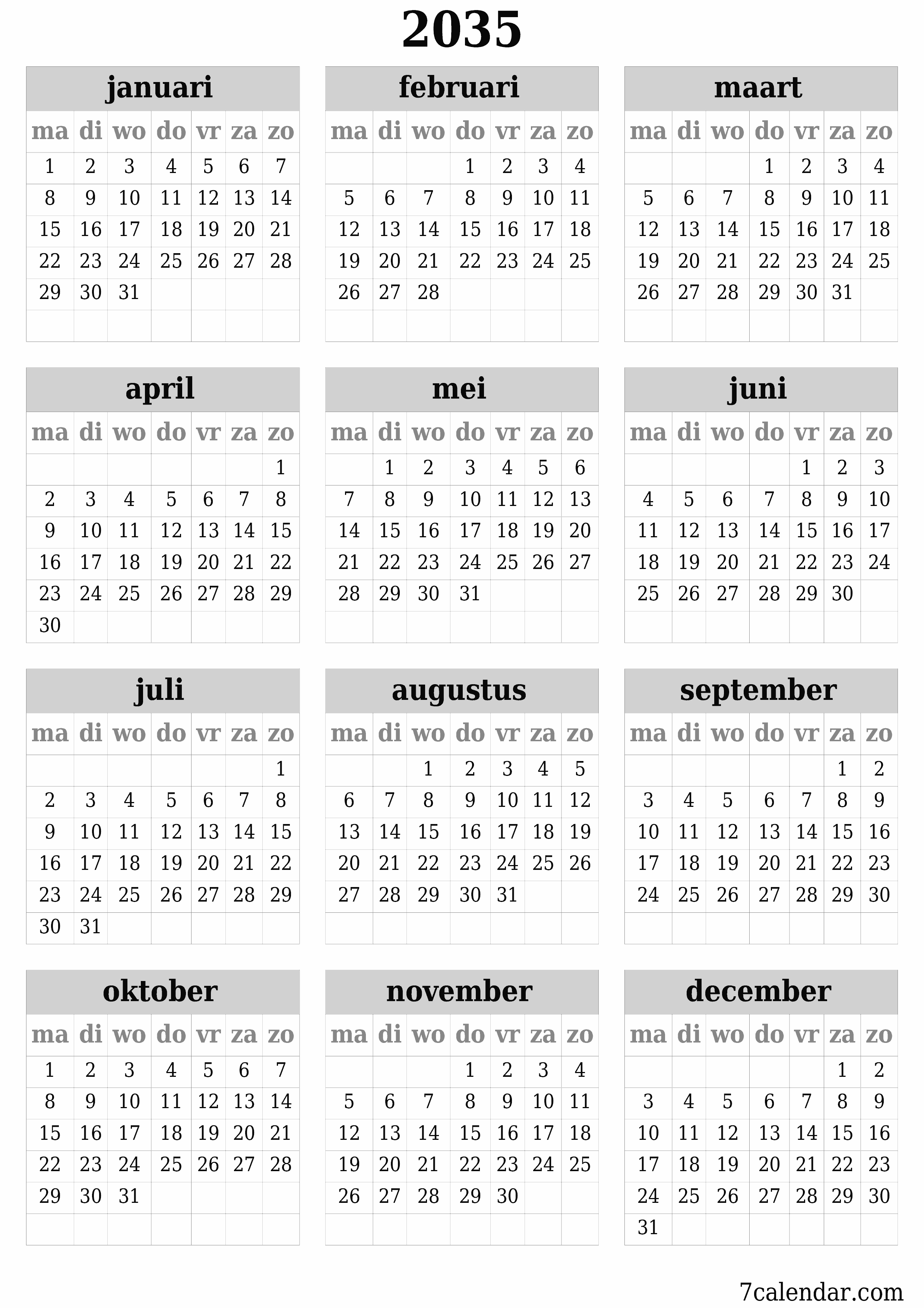 Lege jaarplanningskalender voor het jaar 2035 met notities, opslaan en afdrukken naar pdf PNG Dutch