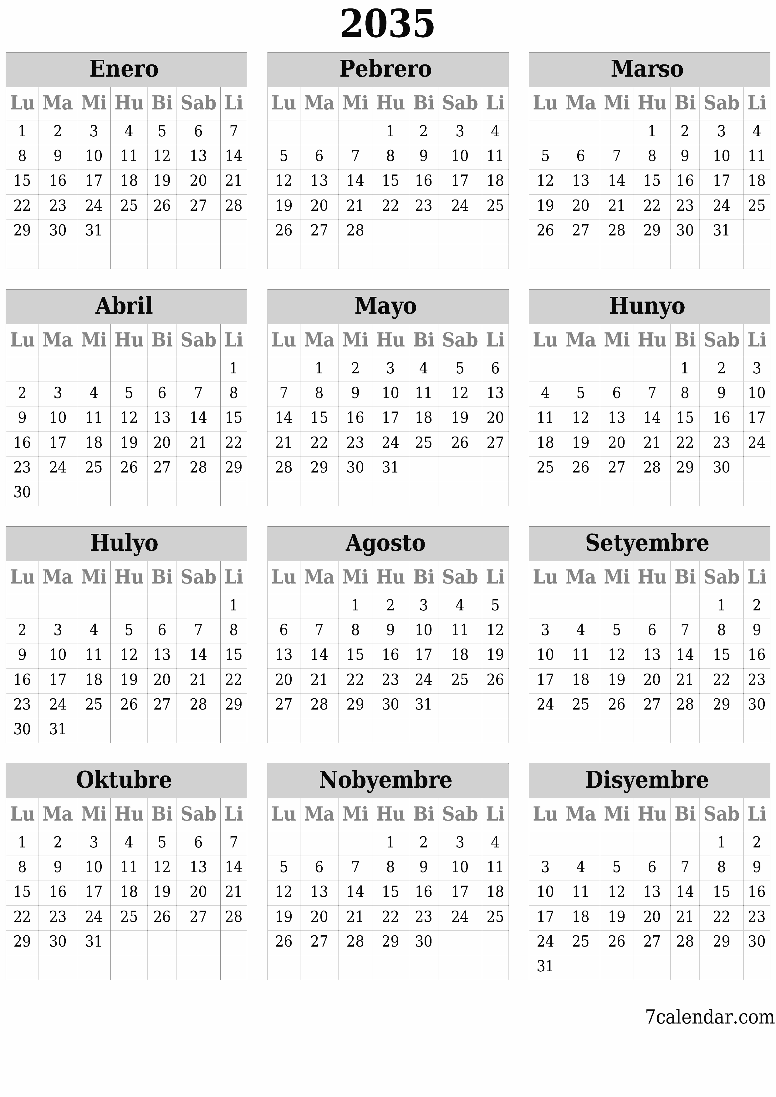 napi-print na sa dingding template ng libreng patayo Taunan kalendaryo Hunyo (Hun) 2035