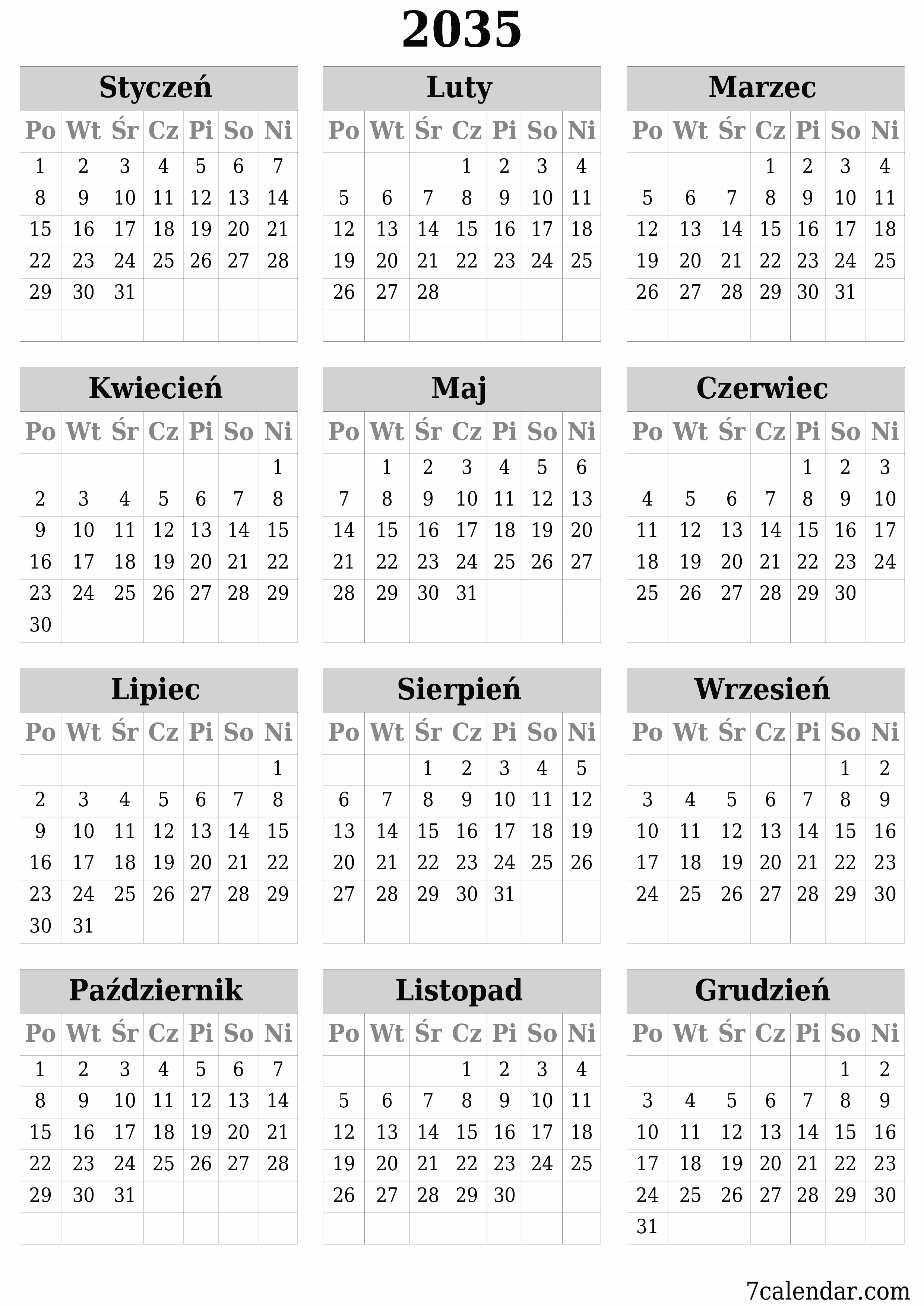 do druku ścienny szablon a darmowy pionowy Roczny kalendarz Czerwiec (Cze) 2035