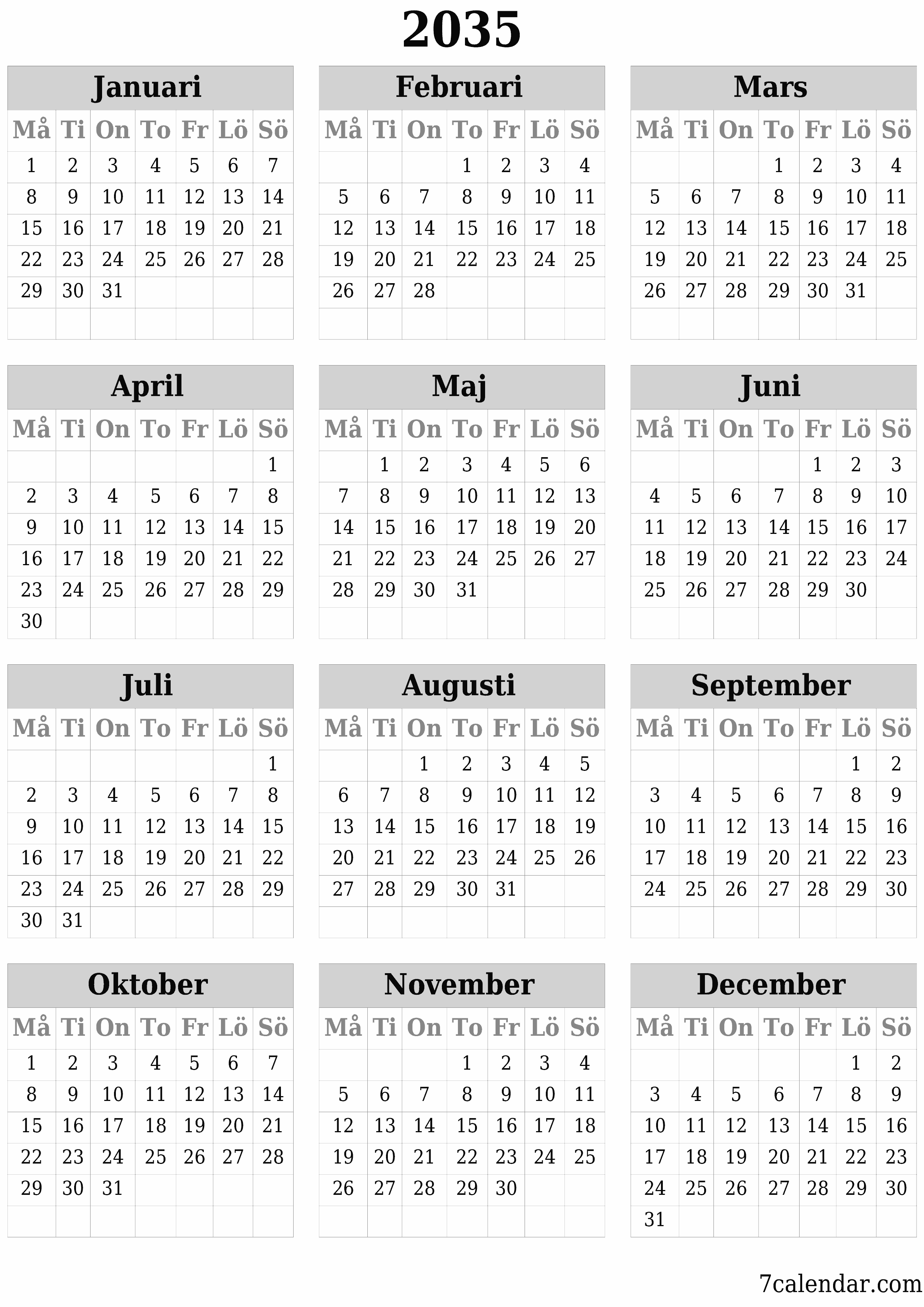 Tom årlig planeringskalender för året 2035 med anteckningar, spara och skriv ut till PDF PNG Swedish