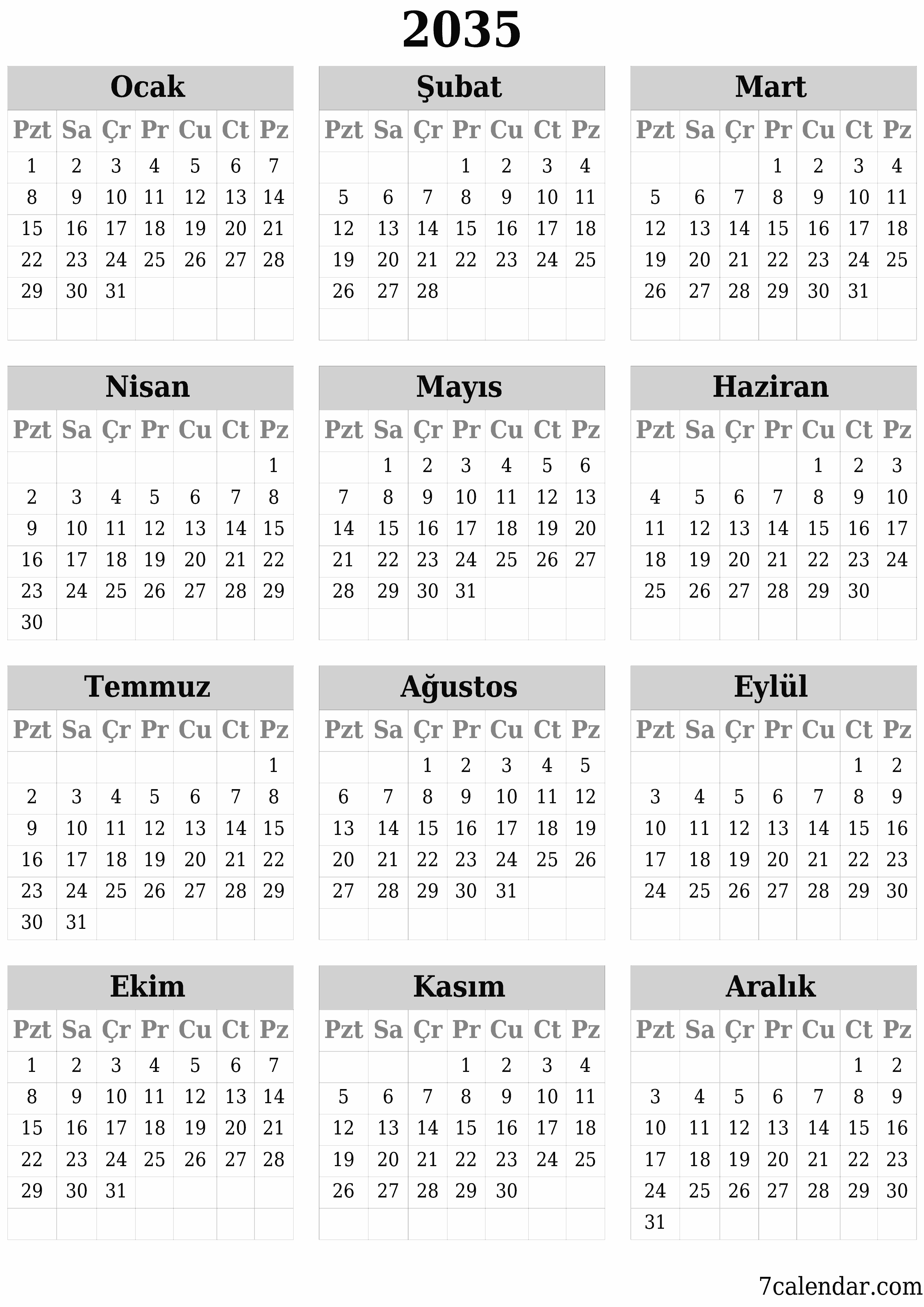 Notlarla 2035 yıl için yıllık planlayıcı takvimini boşaltın, kaydedin ve PDF olarak yazdırın PNG Turkish