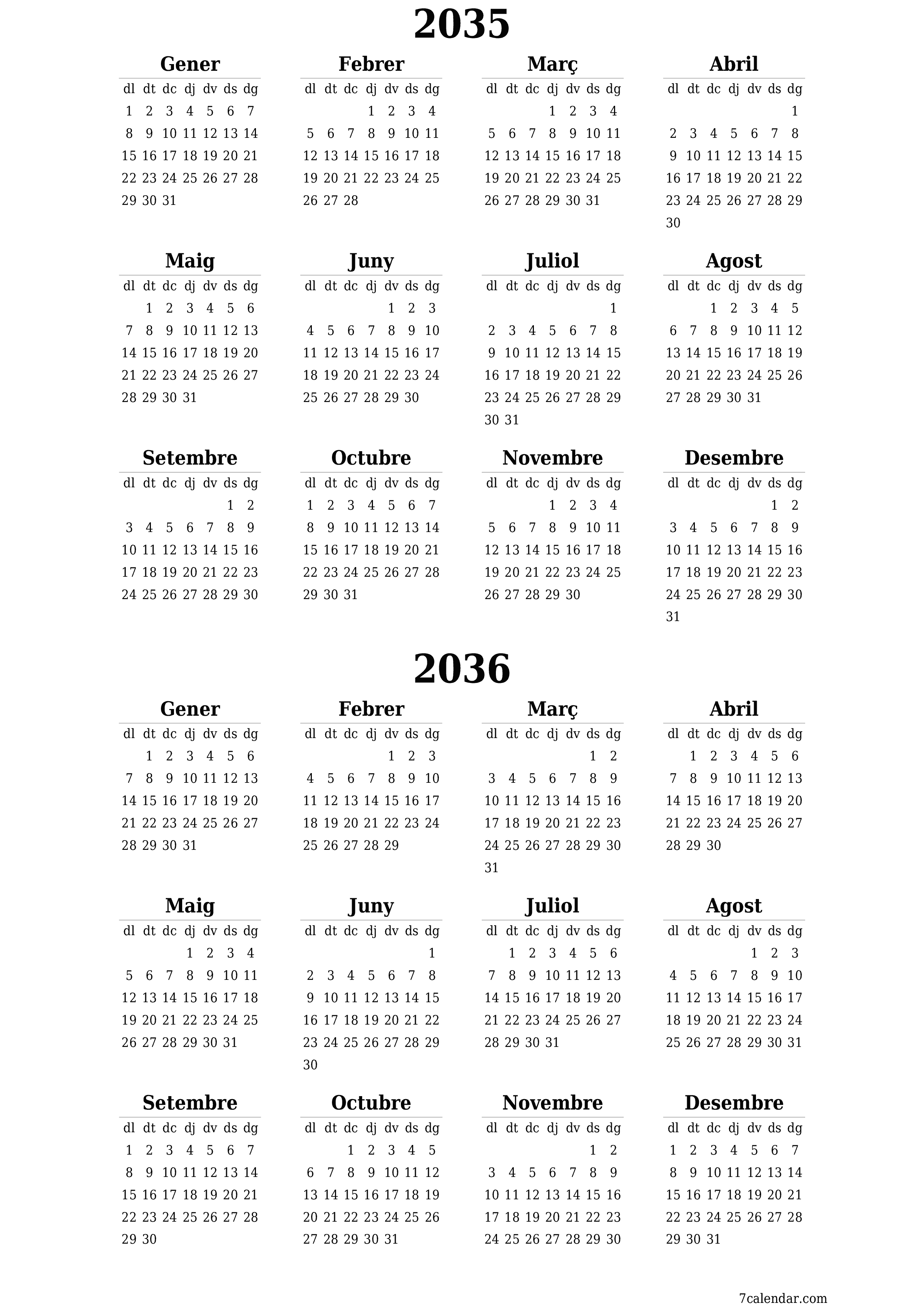  imprimible de paret plantilla de gratuïtvertical Anual calendari Juny (Jun) 2035