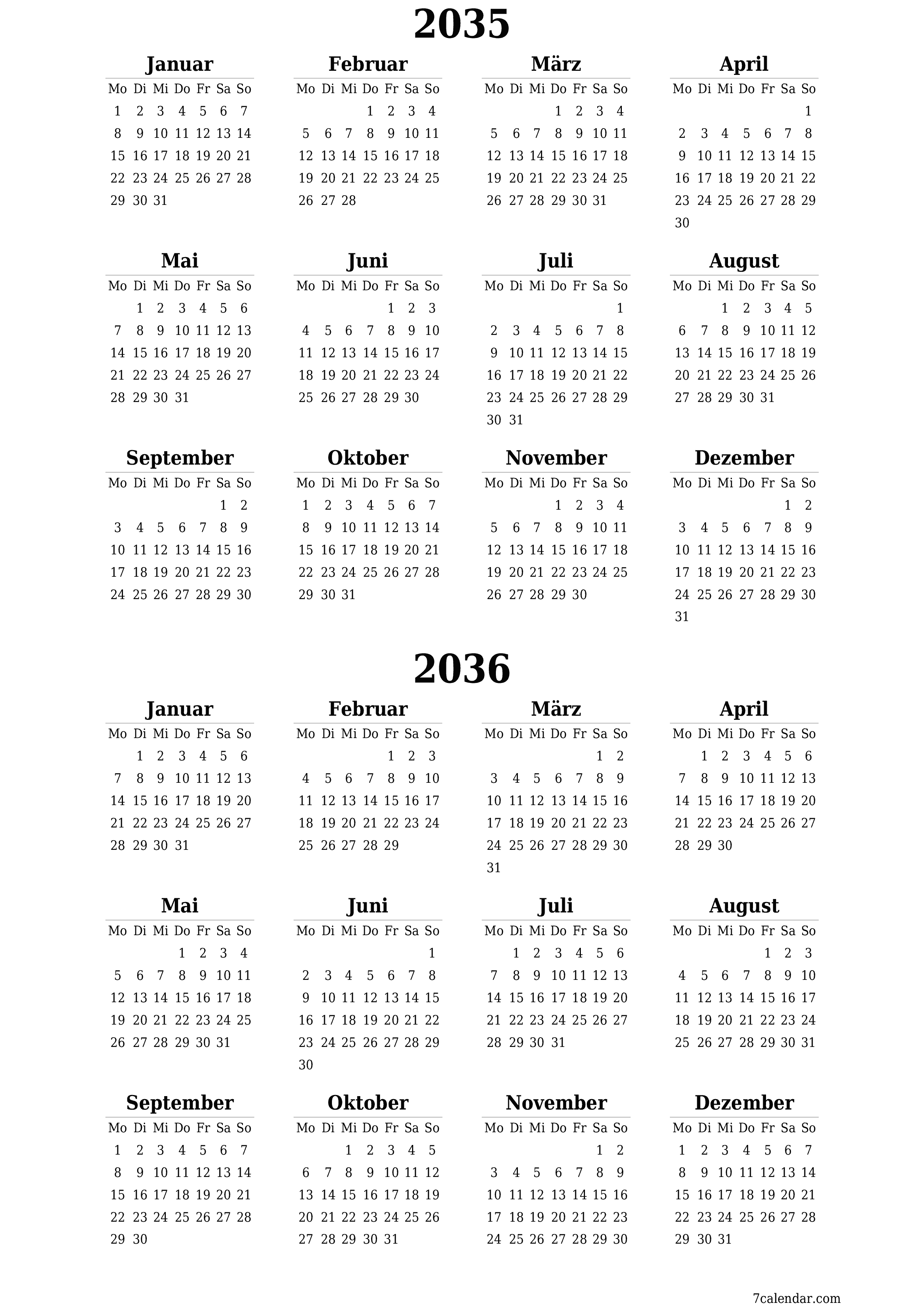 Jahresplanerkalender für das Jahr 2035, 2036 mit Notizen leeren, speichern und als PDF PNG German - 7calendar.com drucken