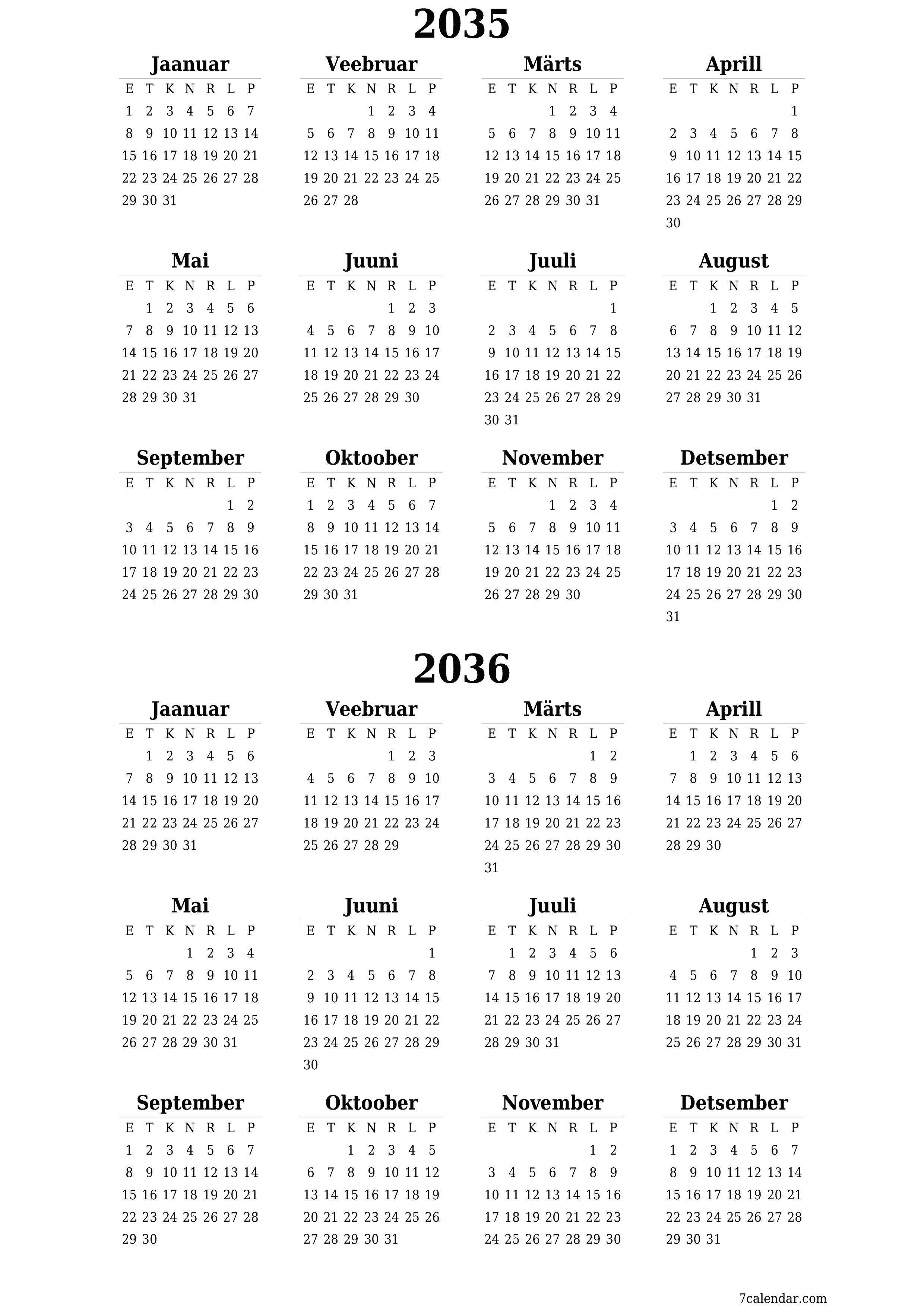 Tühi aasta planeerija kalender aastaks 2035, 2036 koos märkmetega, salvestage ja printige PDF-i PNG Estonian