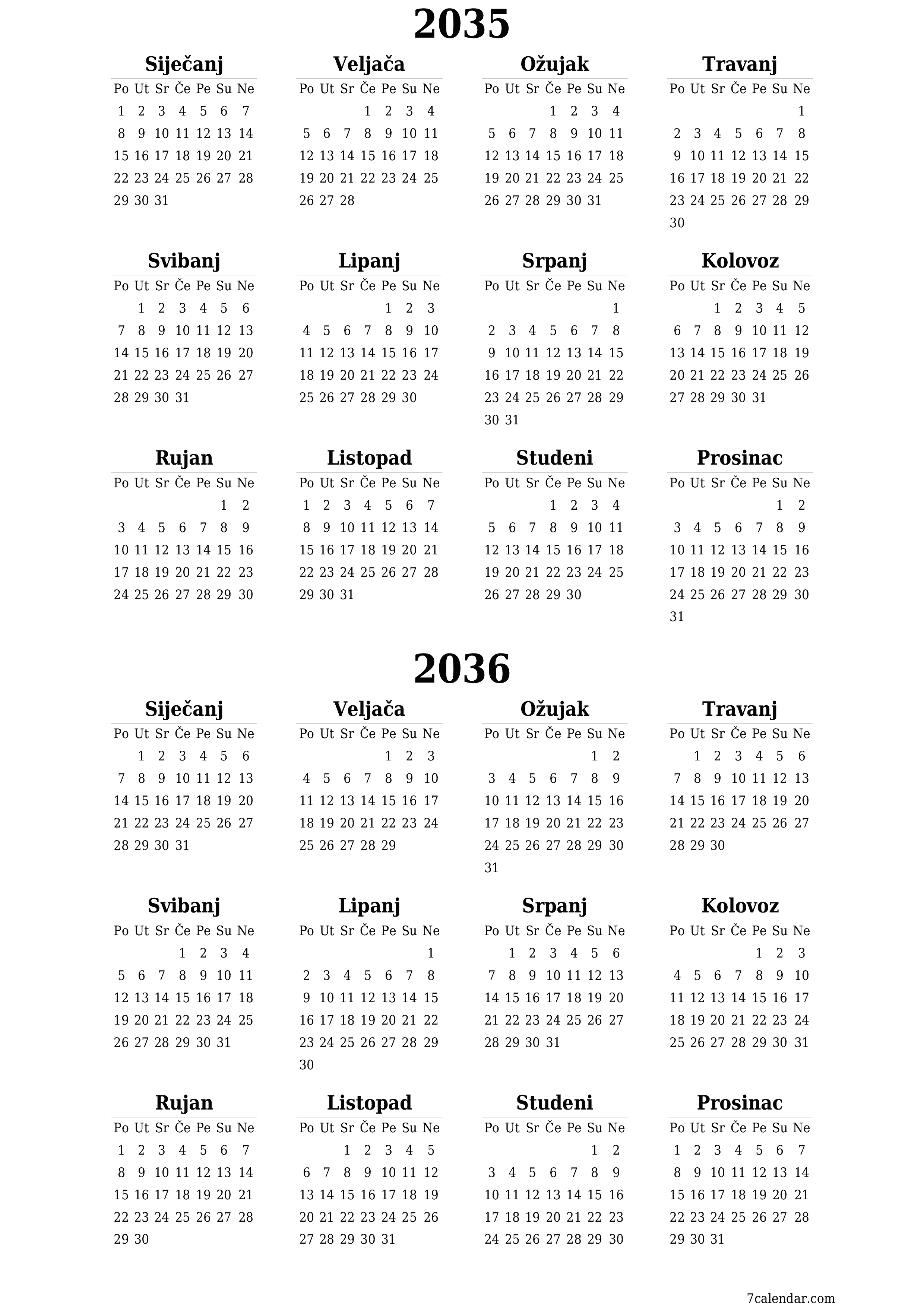 za ispis zidni predložak a besplatni okomito Godišnje kalendar Lipanj (Lip) 2035