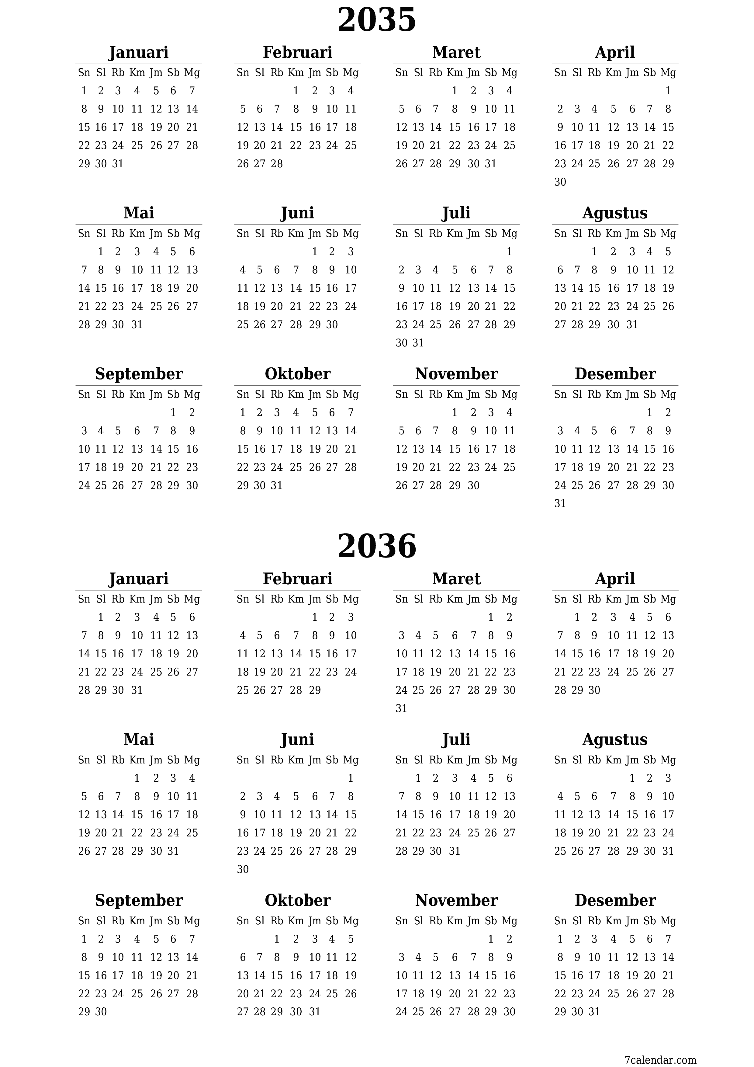 Kosongkan kalender perencana tahunan untuk tahun ini 2035, 2036 dengan catatan, simpan dan cetak ke PDF PNG Indonesian