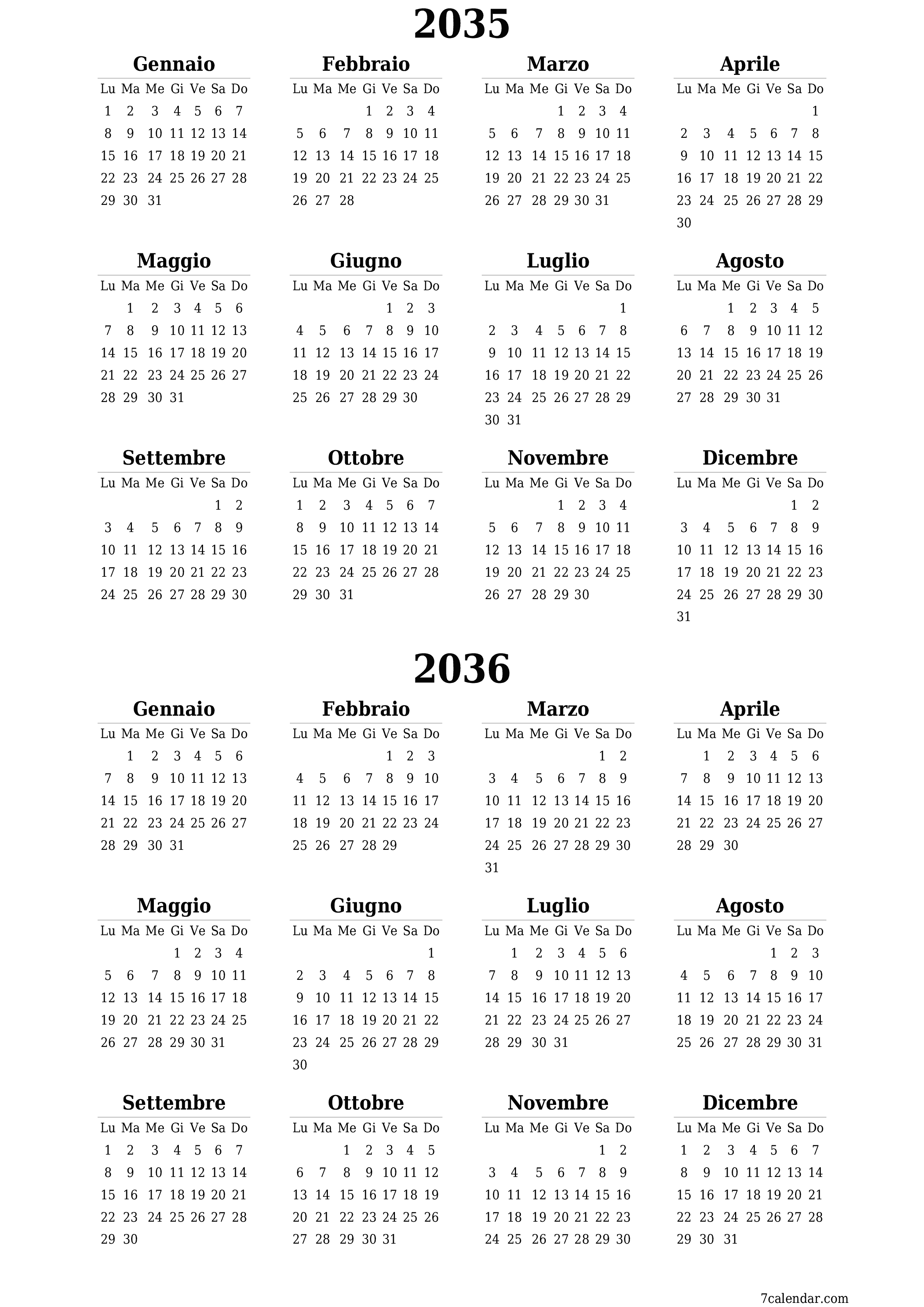 Calendario pianificatore annuale vuoto per l'anno 2035, 2036 con note, salva e stampa in PDF PNG Italian