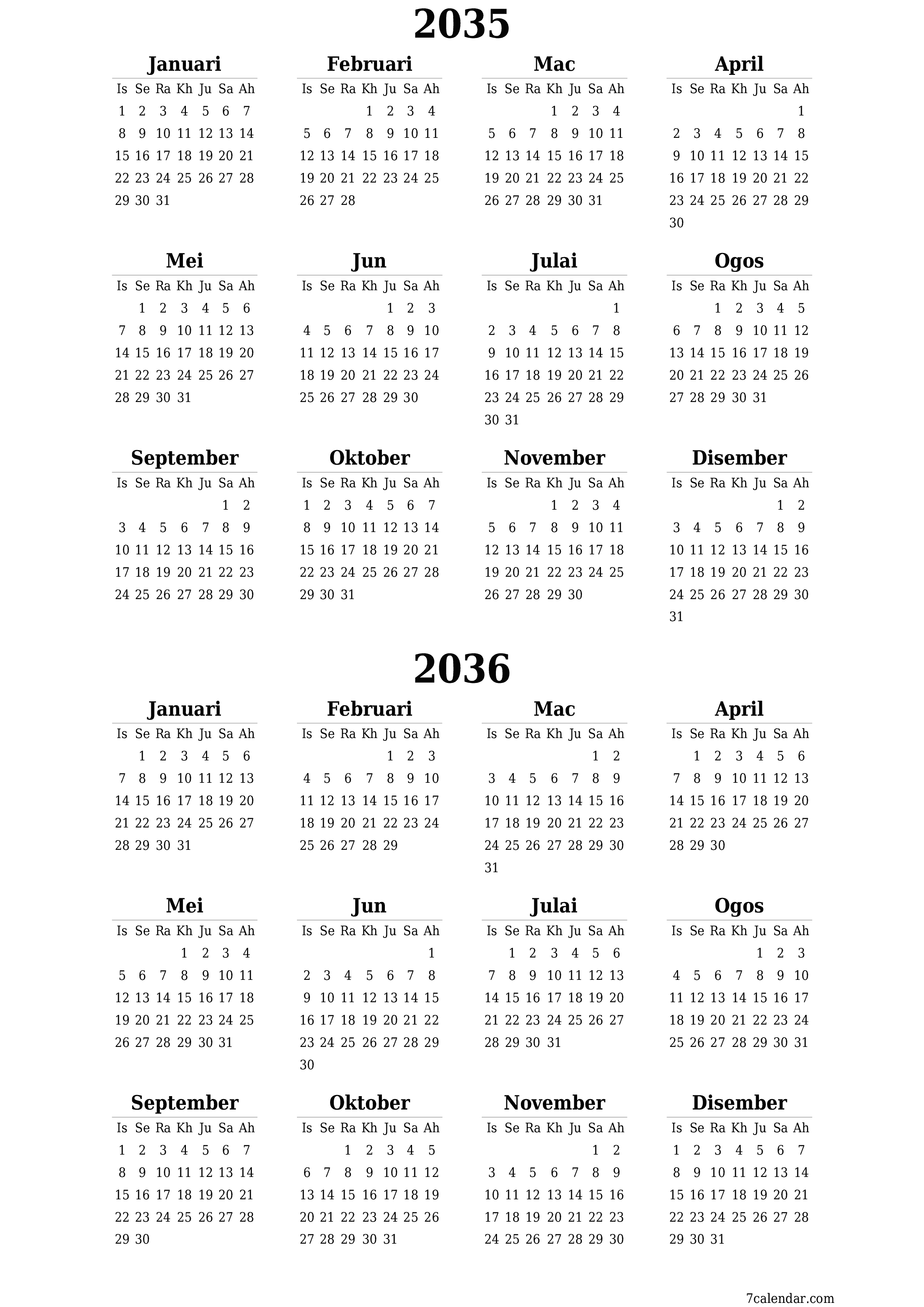 Kalendar perancang tahunan kosong untuk tahun ini 2035, 2036 dengan nota, simpan dan cetak ke PDF PNG Malay