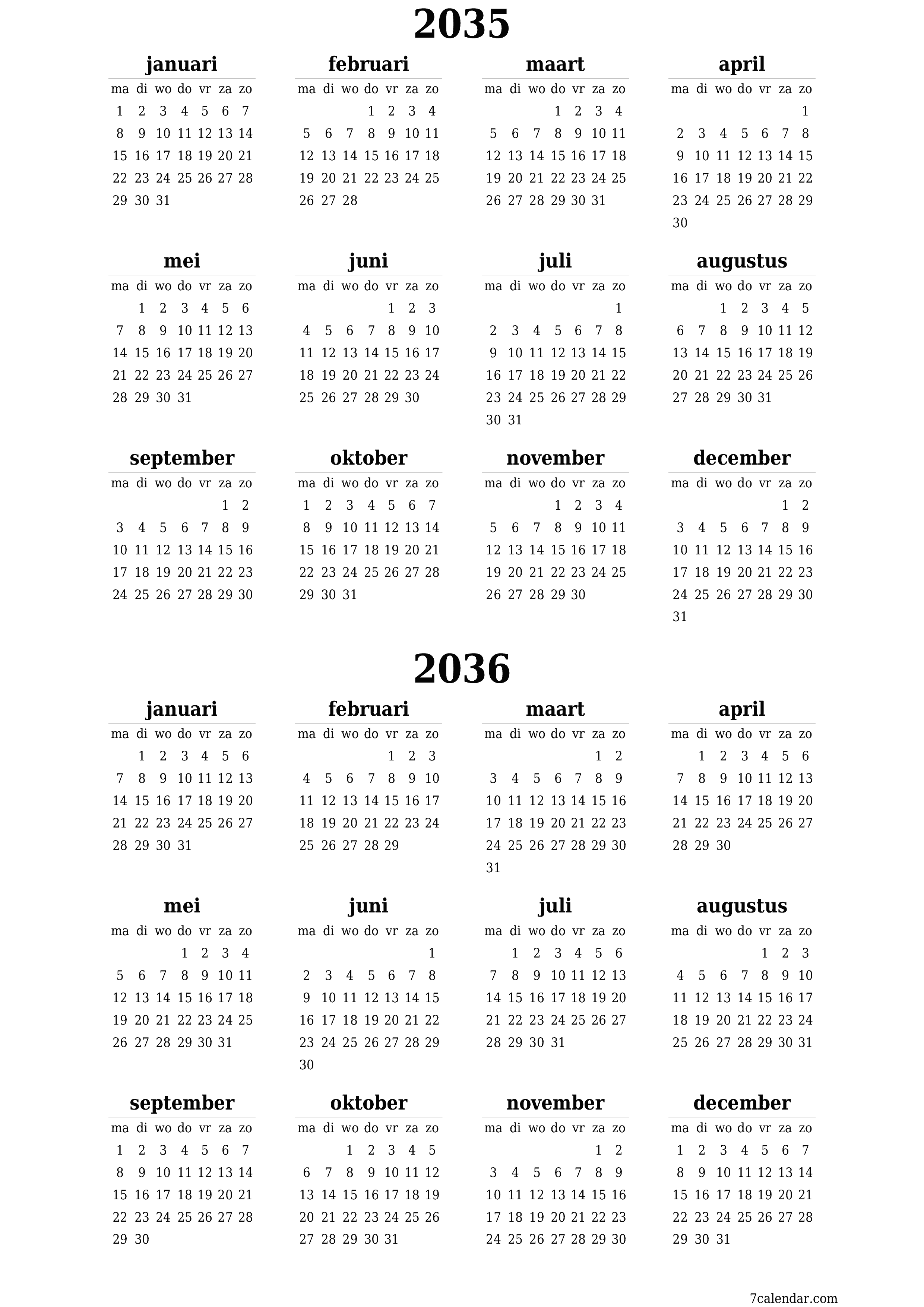 Lege jaarplanningskalender voor het jaar 2035, 2036 met notities, opslaan en afdrukken naar pdf PNG Dutch