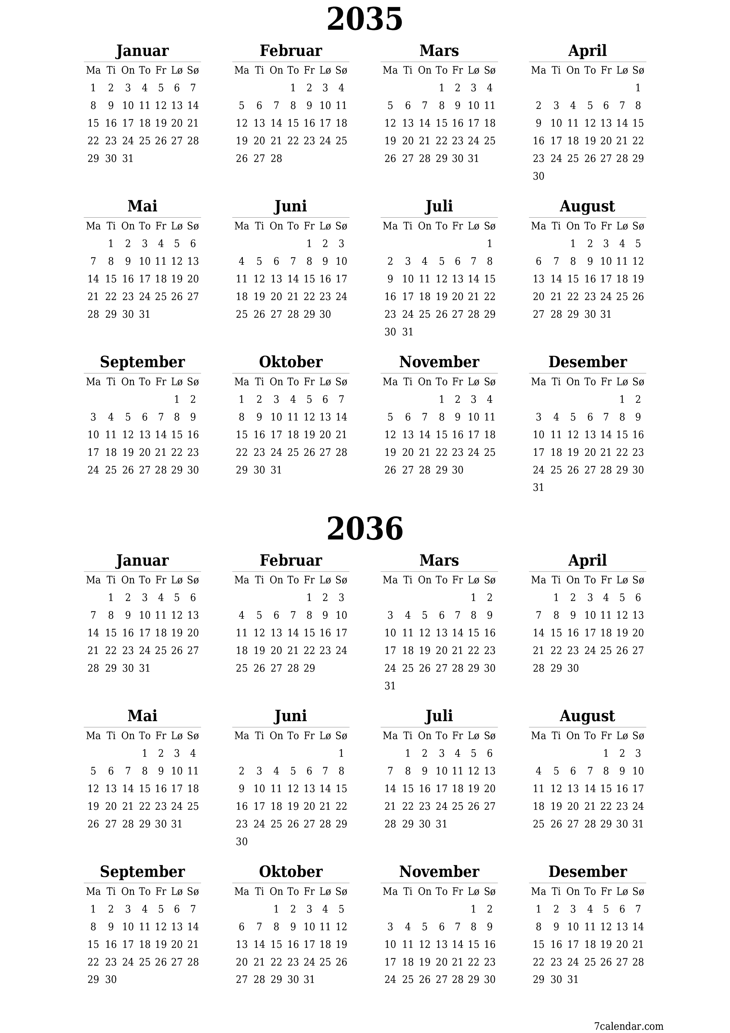 Tom årlig planleggerkalender for året 2035, 2036 med notater, lagre og skrive ut i PDF PNG Norwegian