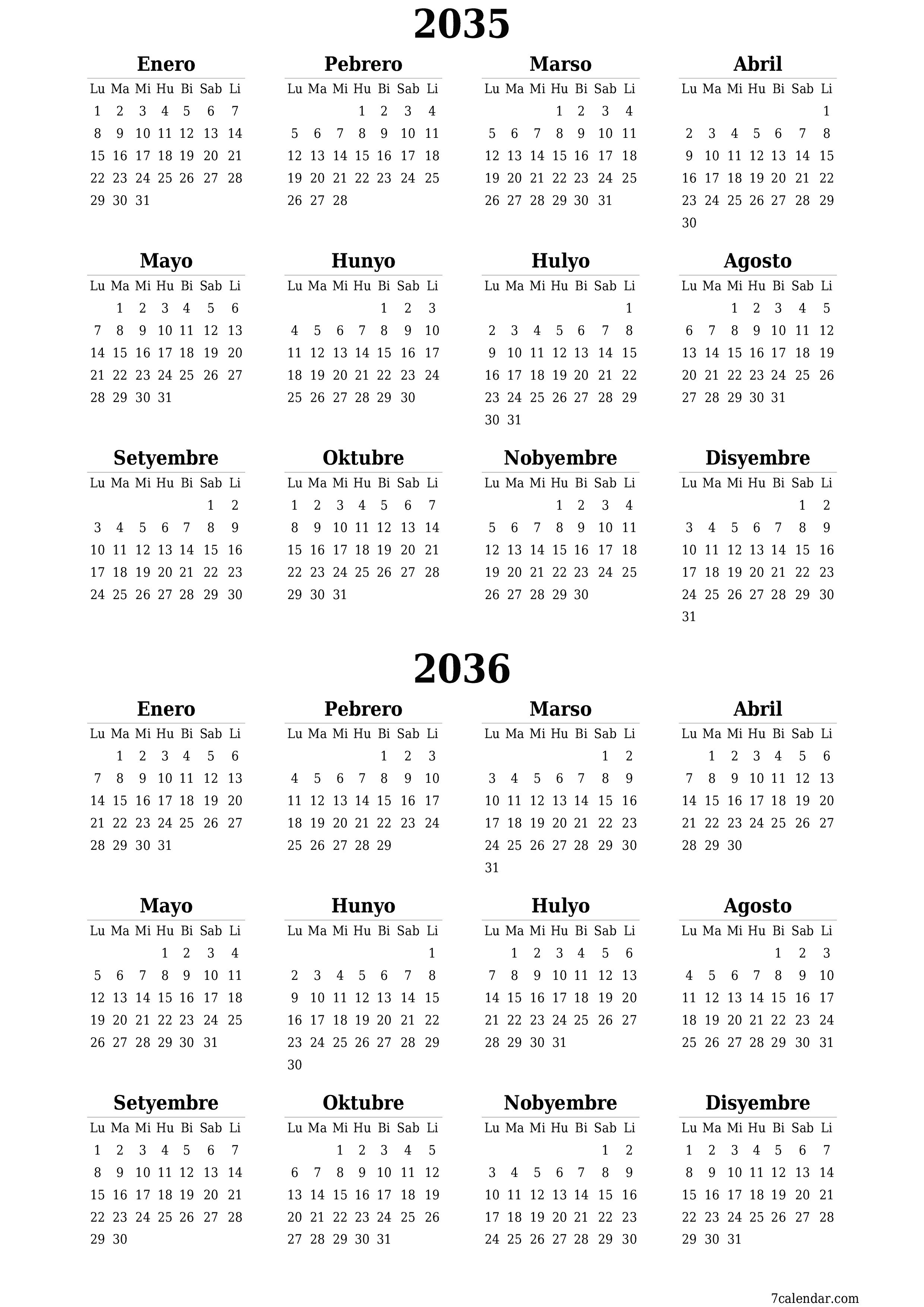 napi-print na sa dingding template ng libreng patayo Taunan kalendaryo Hunyo (Hun) 2035
