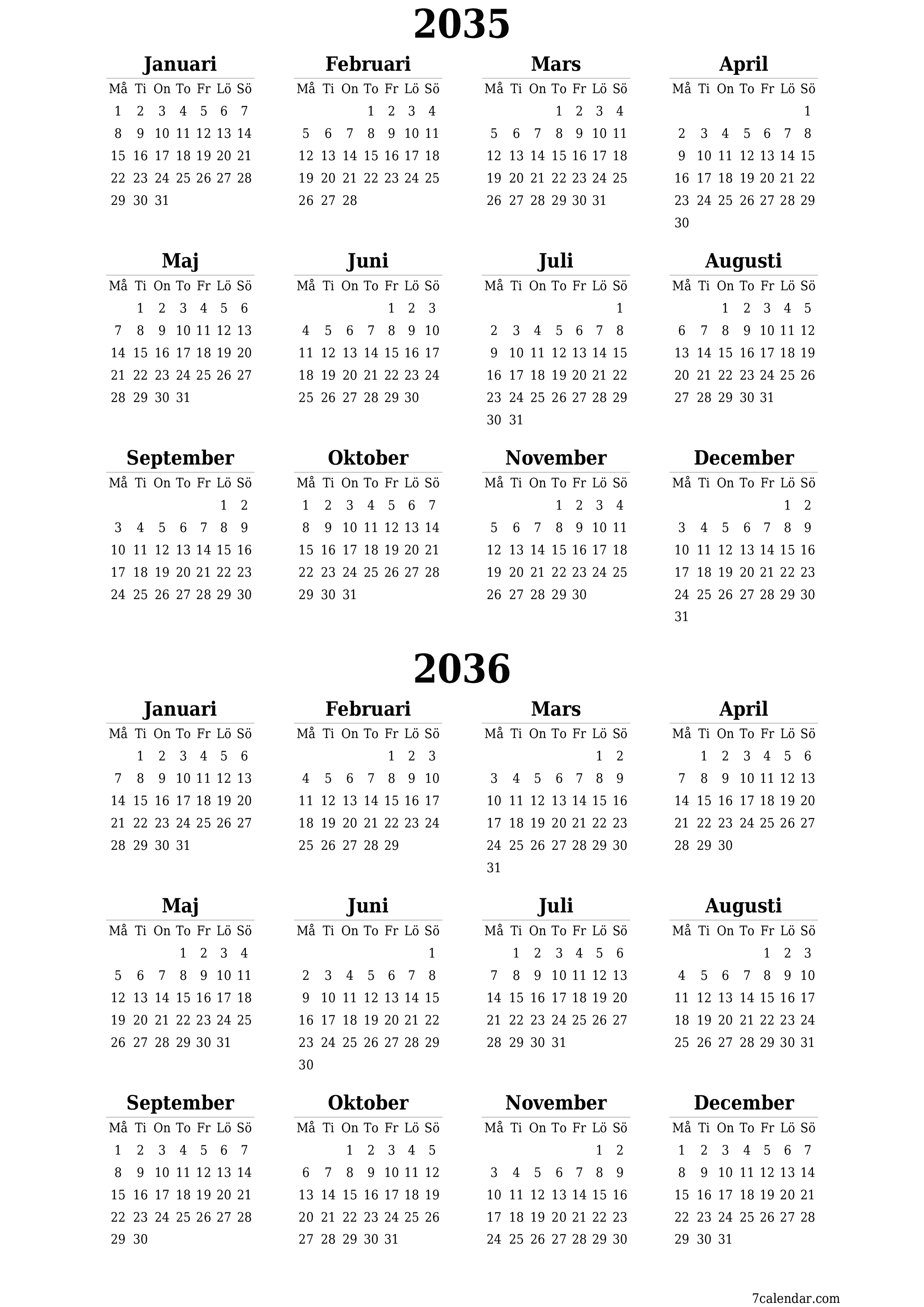 utskrivbar vägg mall gratis vertikal Årlig kalender Juni (Jun) 2035