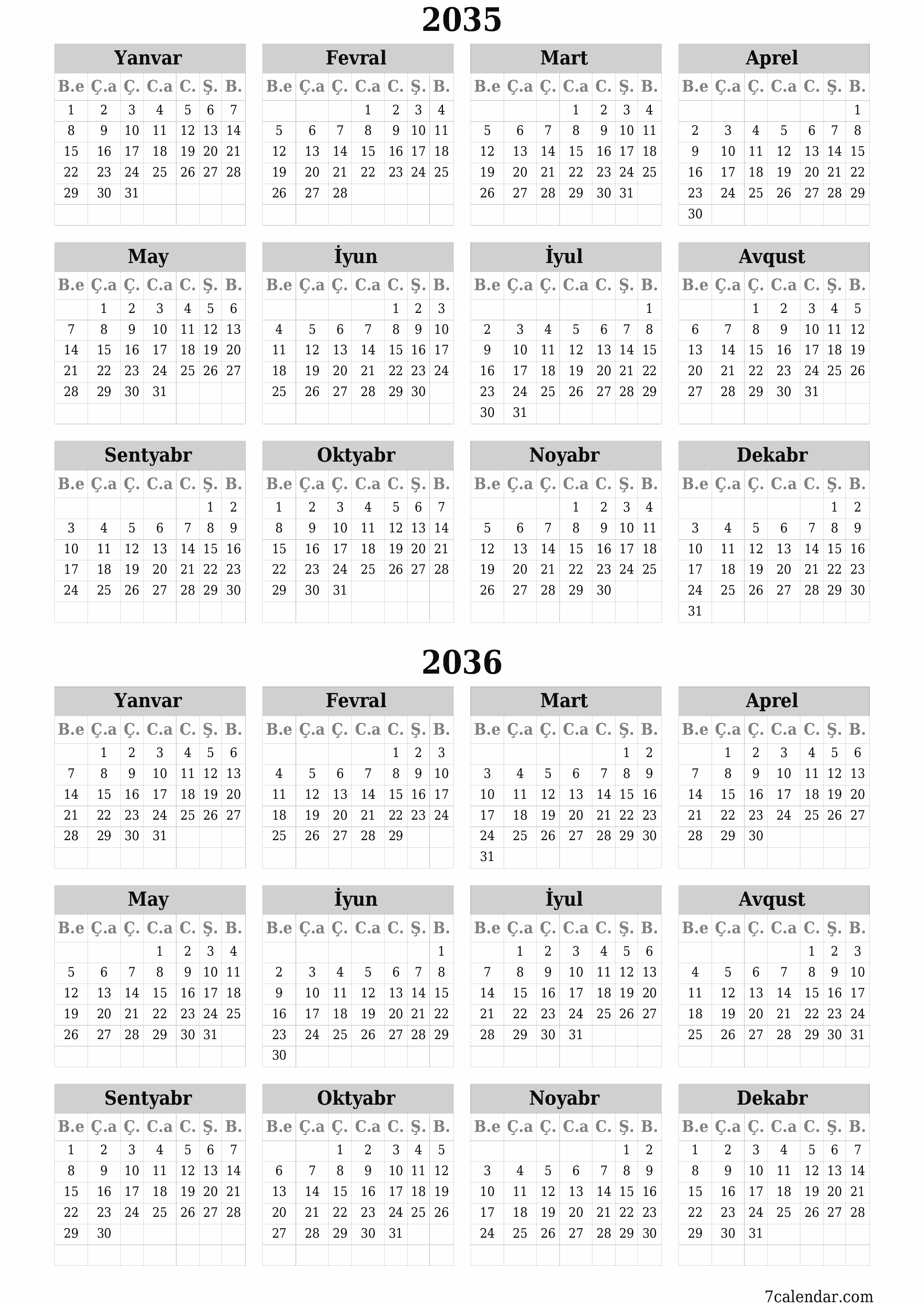 çap edilə bilən divar i şablonu pulsuz şaquli İllik təqvim İyun (İyun) 2035