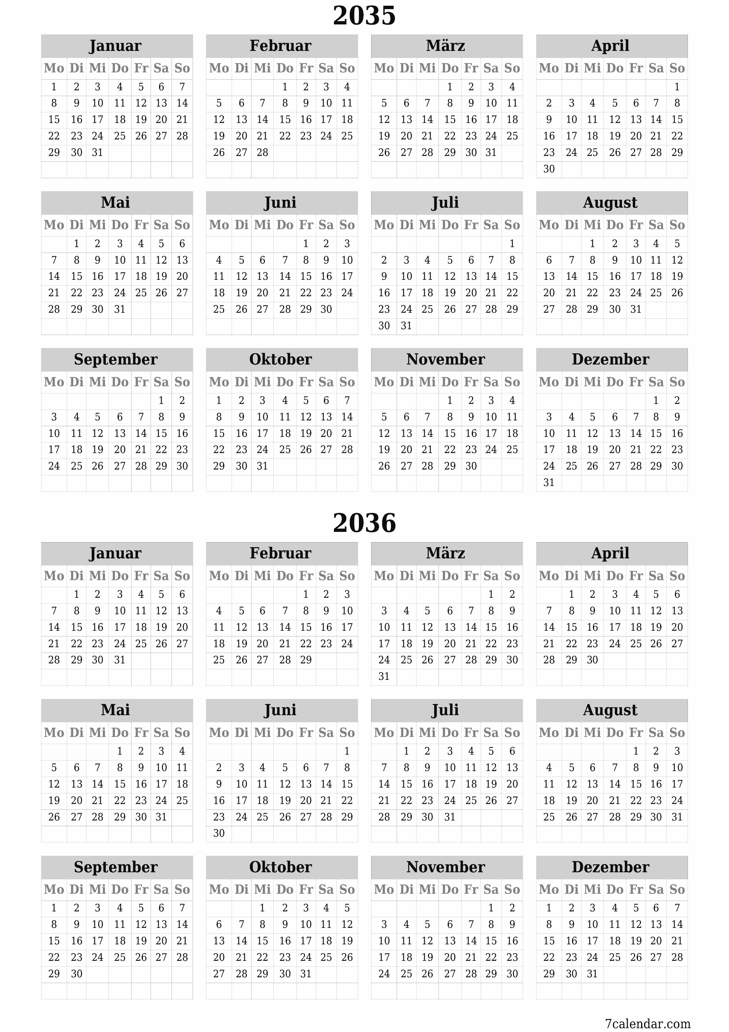 Jahresplanerkalender für das Jahr 2035, 2036 mit Notizen leeren, speichern und als PDF PNG German - 7calendar.com drucken