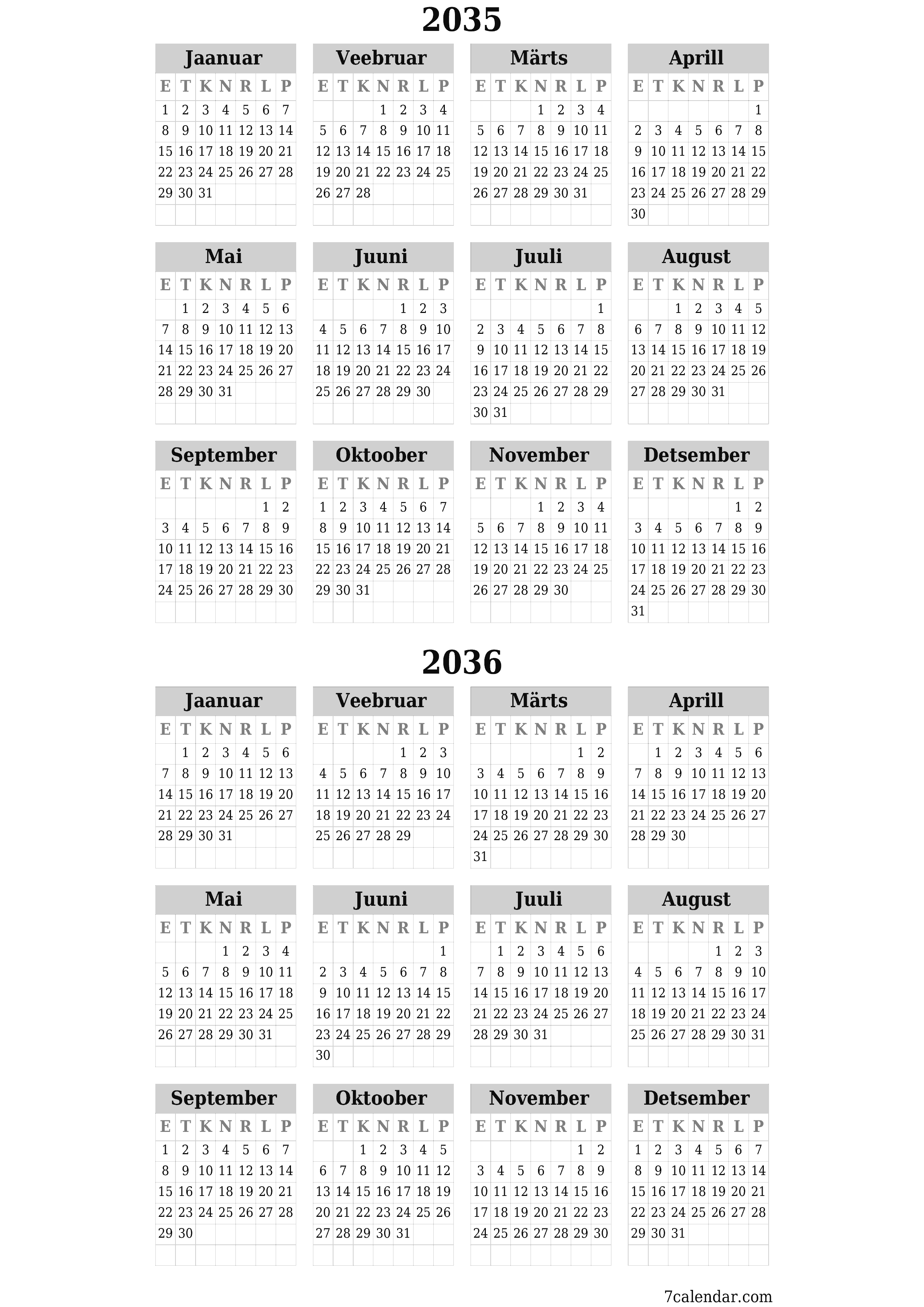 Tühi aasta planeerija kalender aastaks 2035, 2036 koos märkmetega, salvestage ja printige PDF-i PNG Estonian