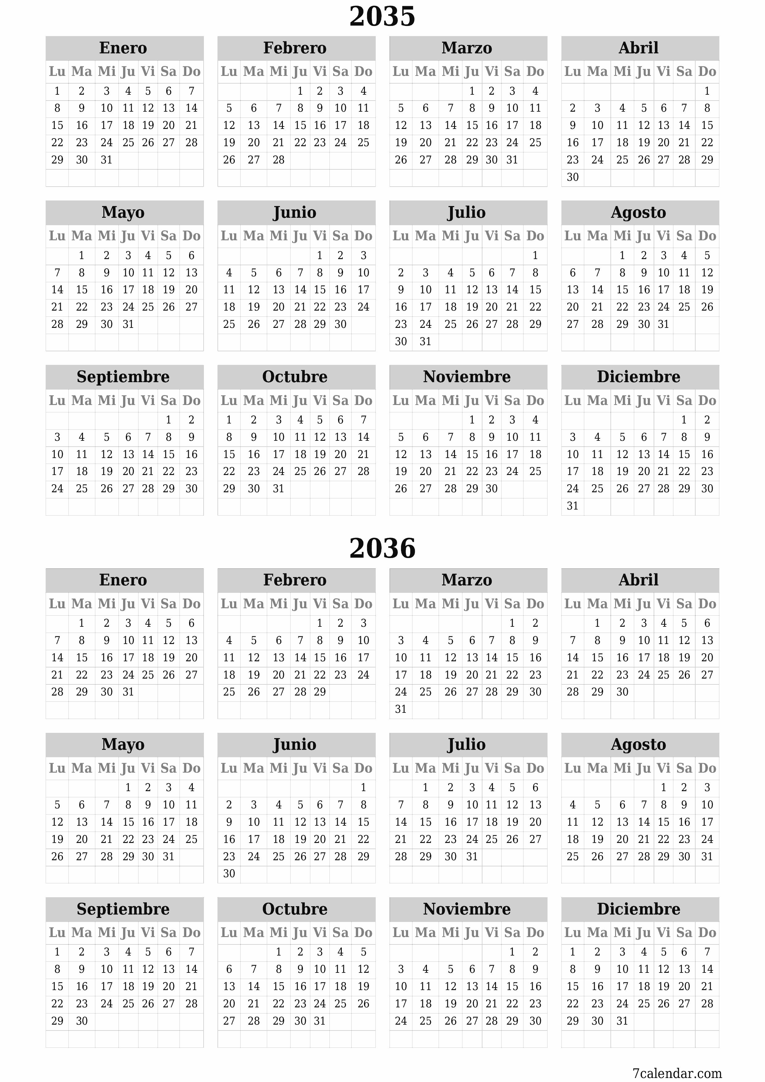 Calendario planificador anual vacío para el año 2035, 2036 con notas, guardar e imprimir en PDF PNG Spanish