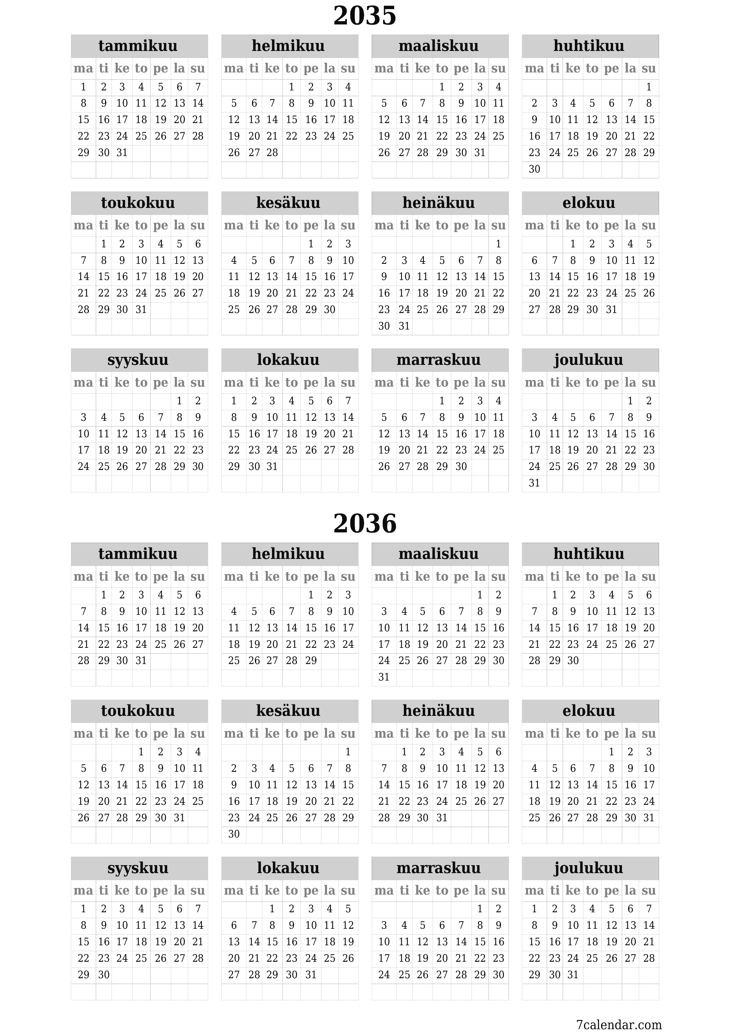 tulostettava seinä n malli ilmainen pystysuora Vuosittain kalenteri Kesäkuu (Kesä) 2035