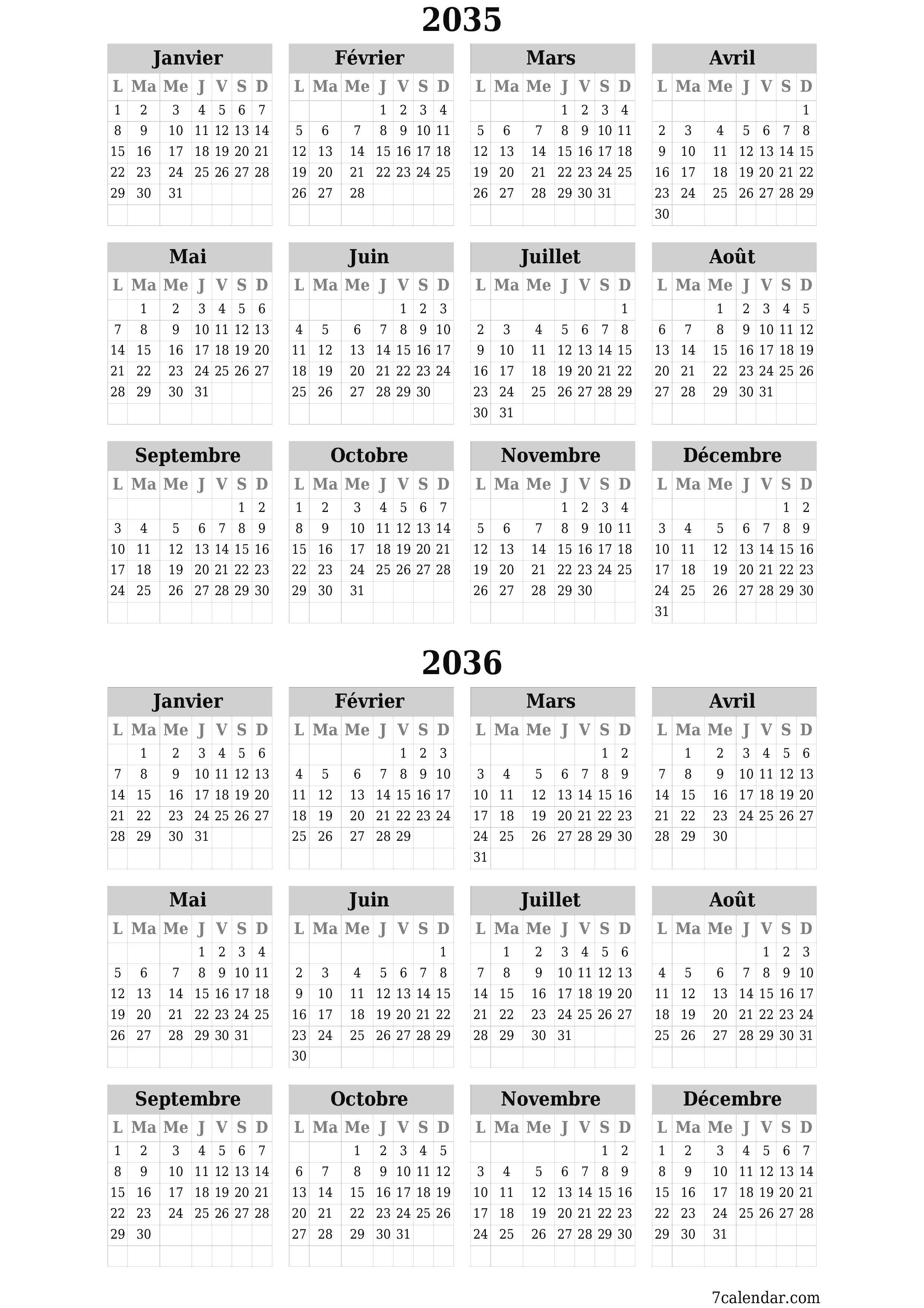 Calendrier annuel vide pour l'année 2035, 2036 avec notes, enregistrer et imprimer au format PDF PNG French