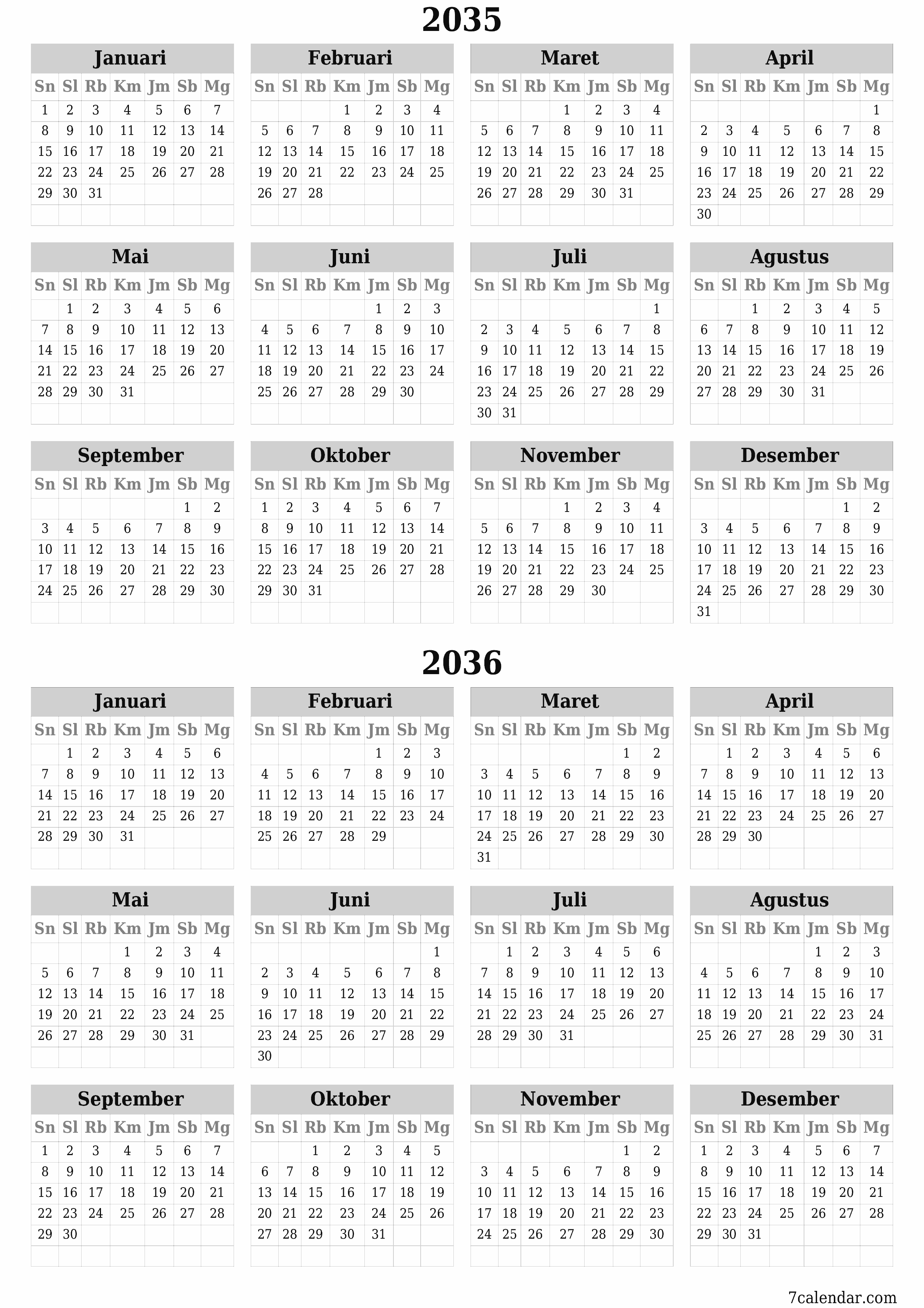 Kosongkan kalender perencana tahunan untuk tahun ini 2035, 2036 dengan catatan, simpan dan cetak ke PDF PNG Indonesian