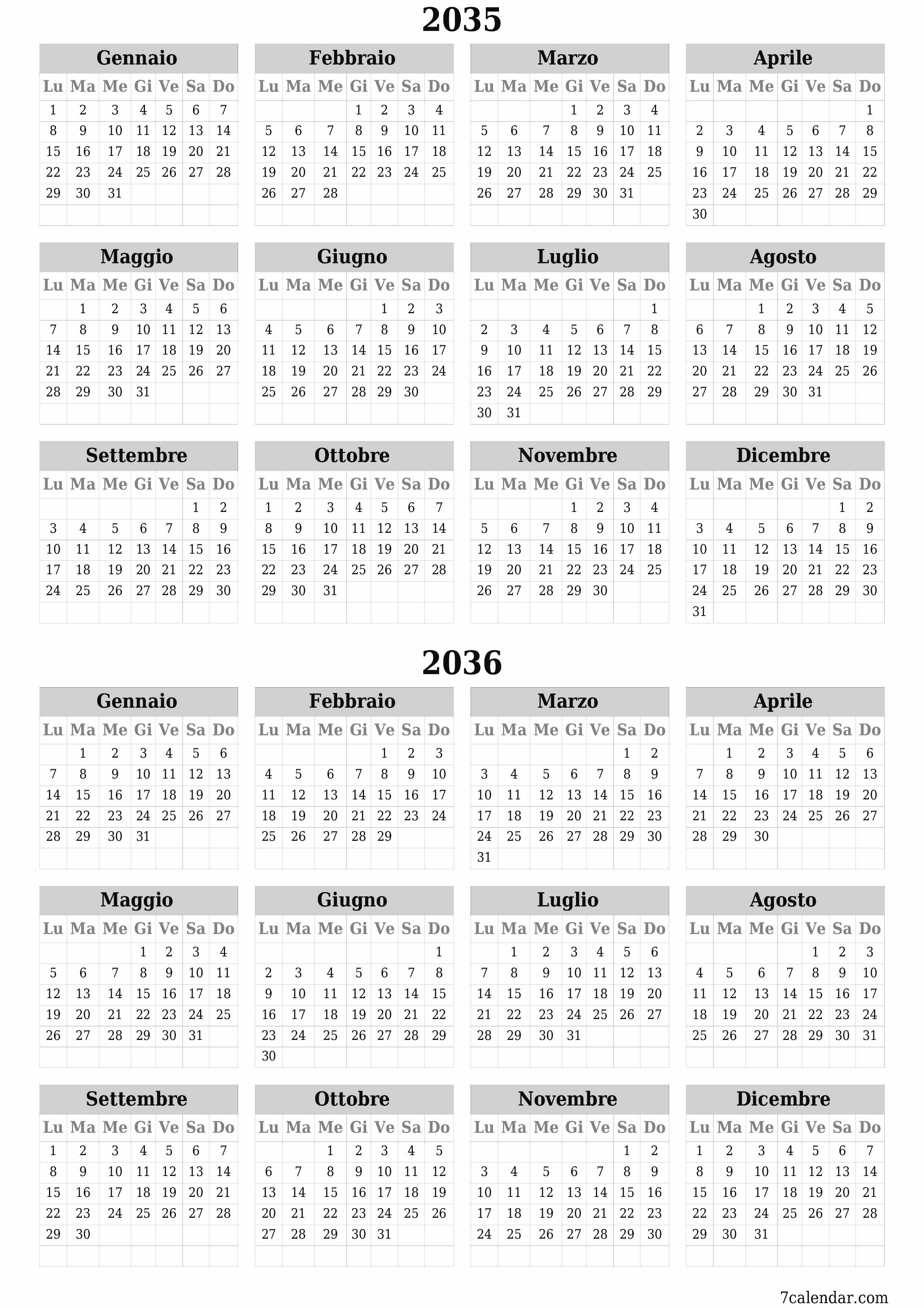 Calendario pianificatore annuale vuoto per l'anno 2035, 2036 con note, salva e stampa in PDF PNG Italian