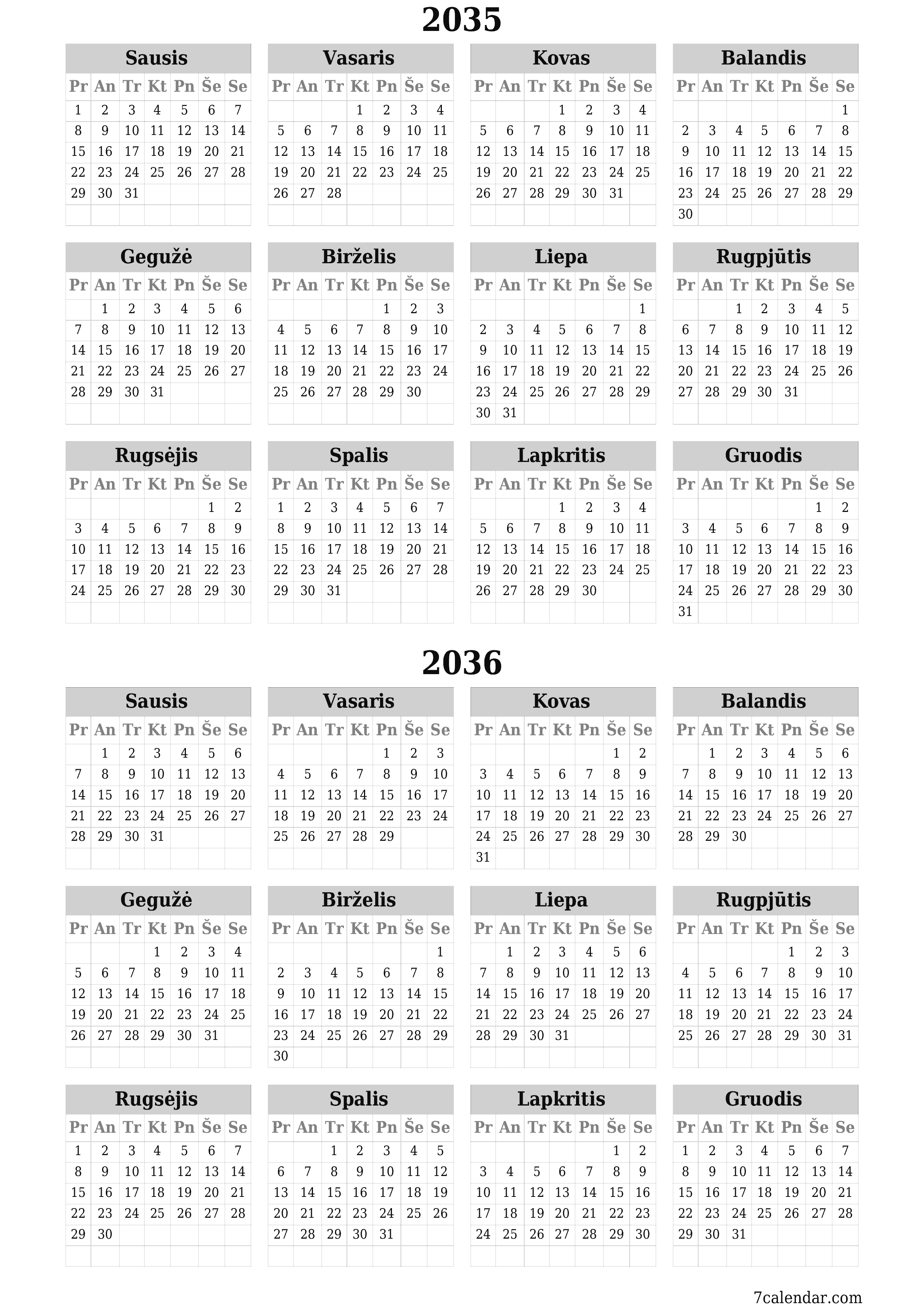 spausdinamas sieninis kalendoriaus šabloną nemokamas vertikaliai Kasmet kalendorius Birželis (Bir) 2035