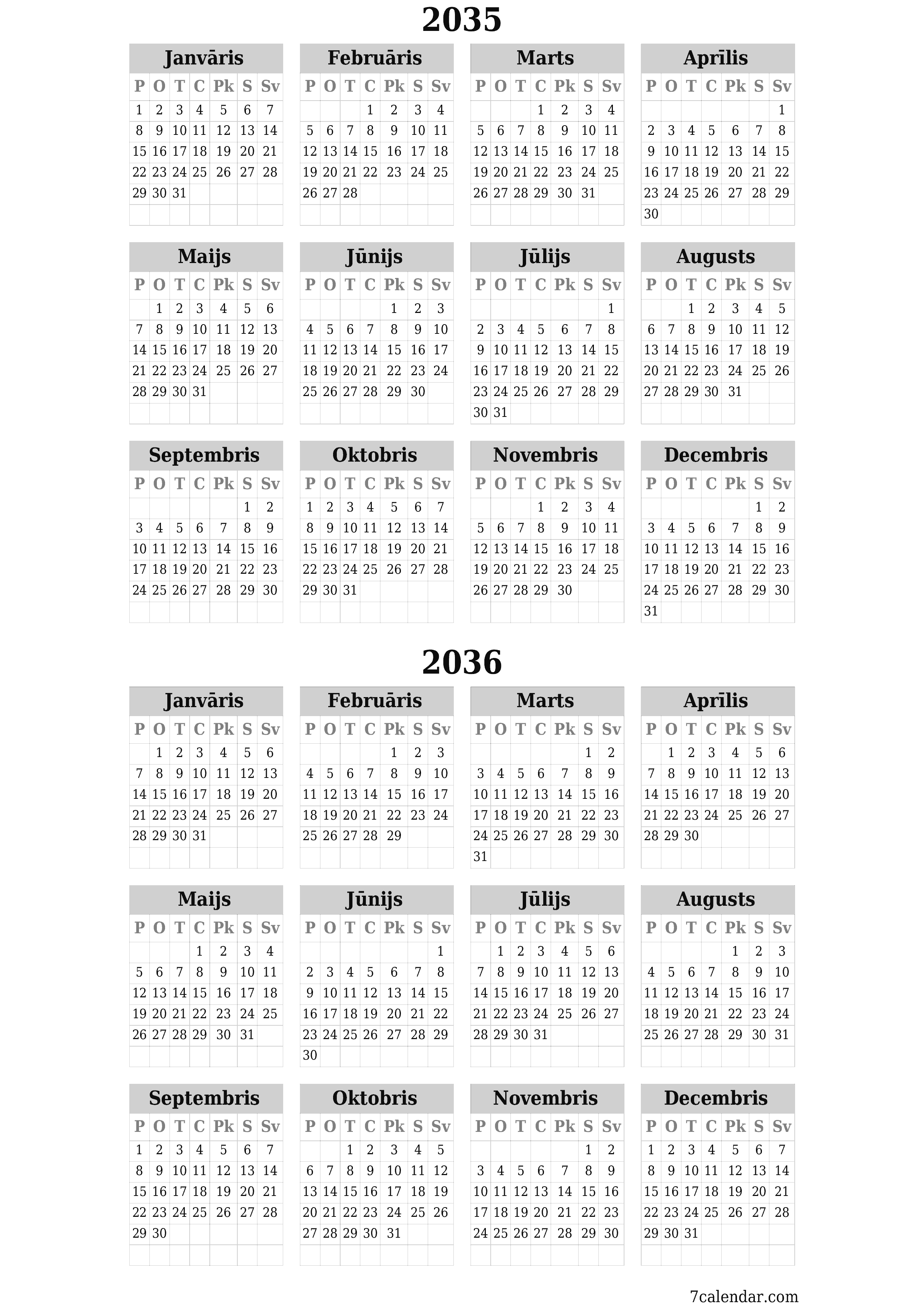 izdrukājams sienas kalendāra veidne bezmaksas vertikāli Gada kalendārs Jūnijs (Jūn) 2035
