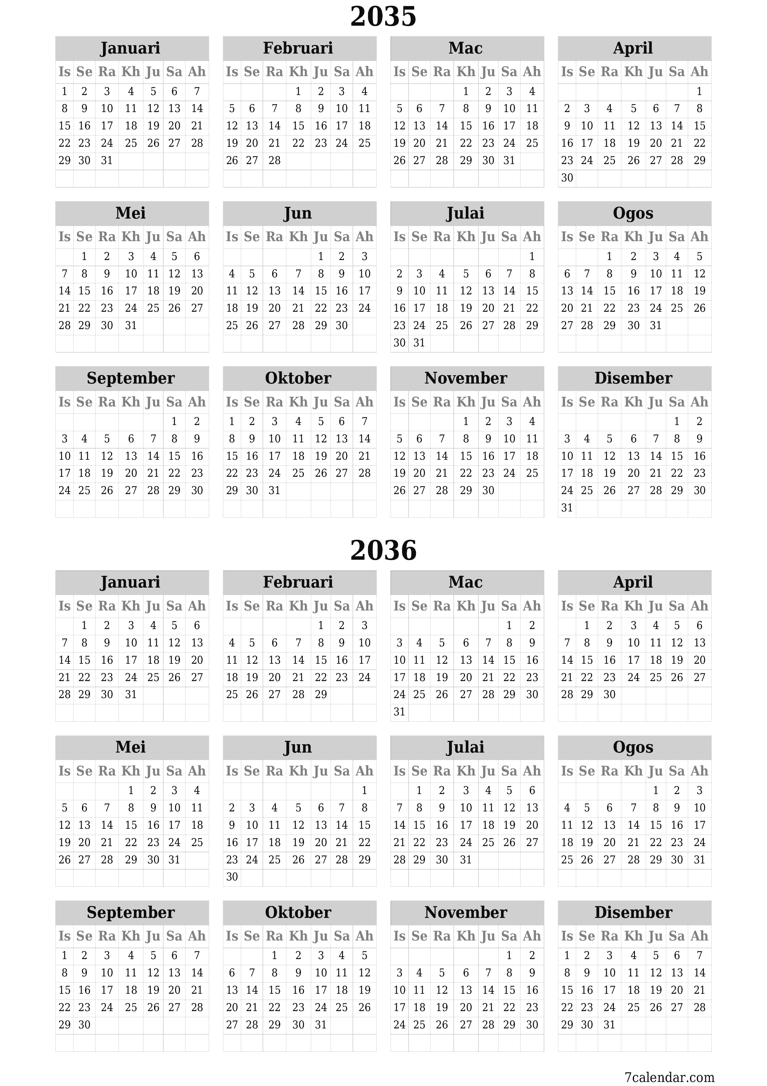 Kalendar perancang tahunan kosong untuk tahun ini 2035, 2036 dengan nota, simpan dan cetak ke PDF PNG Malay