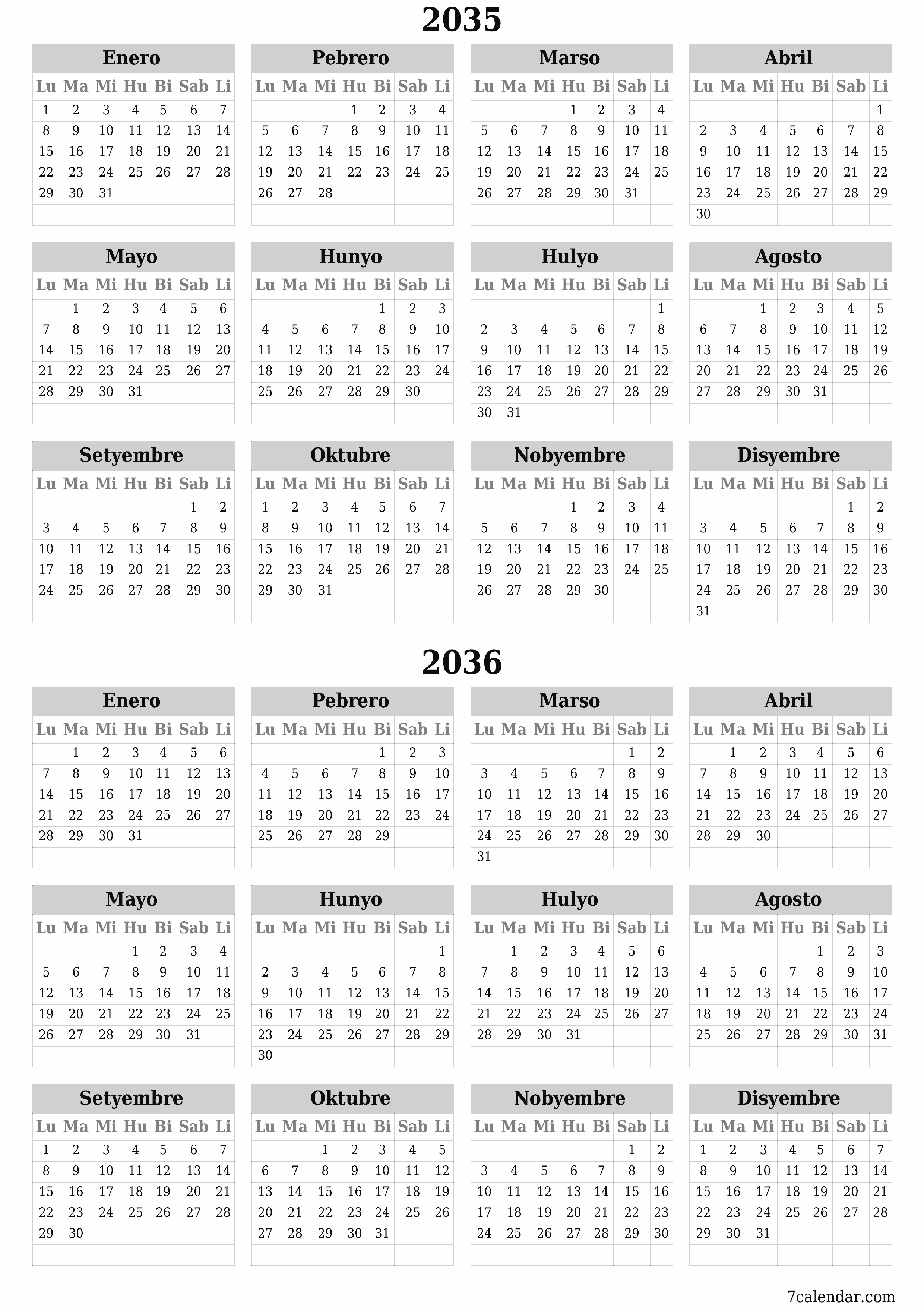 napi-print na sa dingding template ng libreng patayo Taunan kalendaryo Hunyo (Hun) 2035
