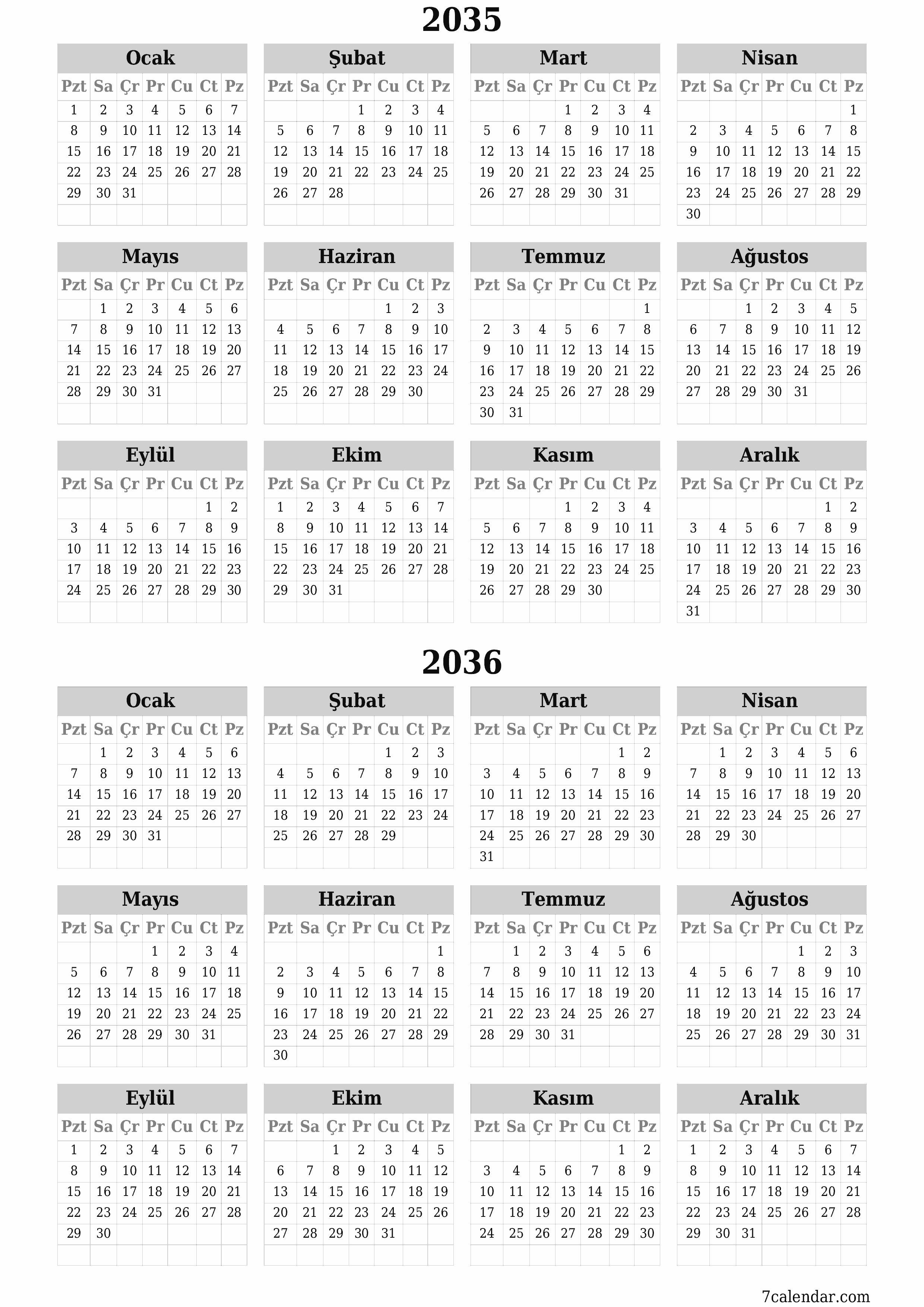 yazdırılabilir duvar i şablonu ücretsiz dikey Yıllık takvim Haziran (Haz) 2035
