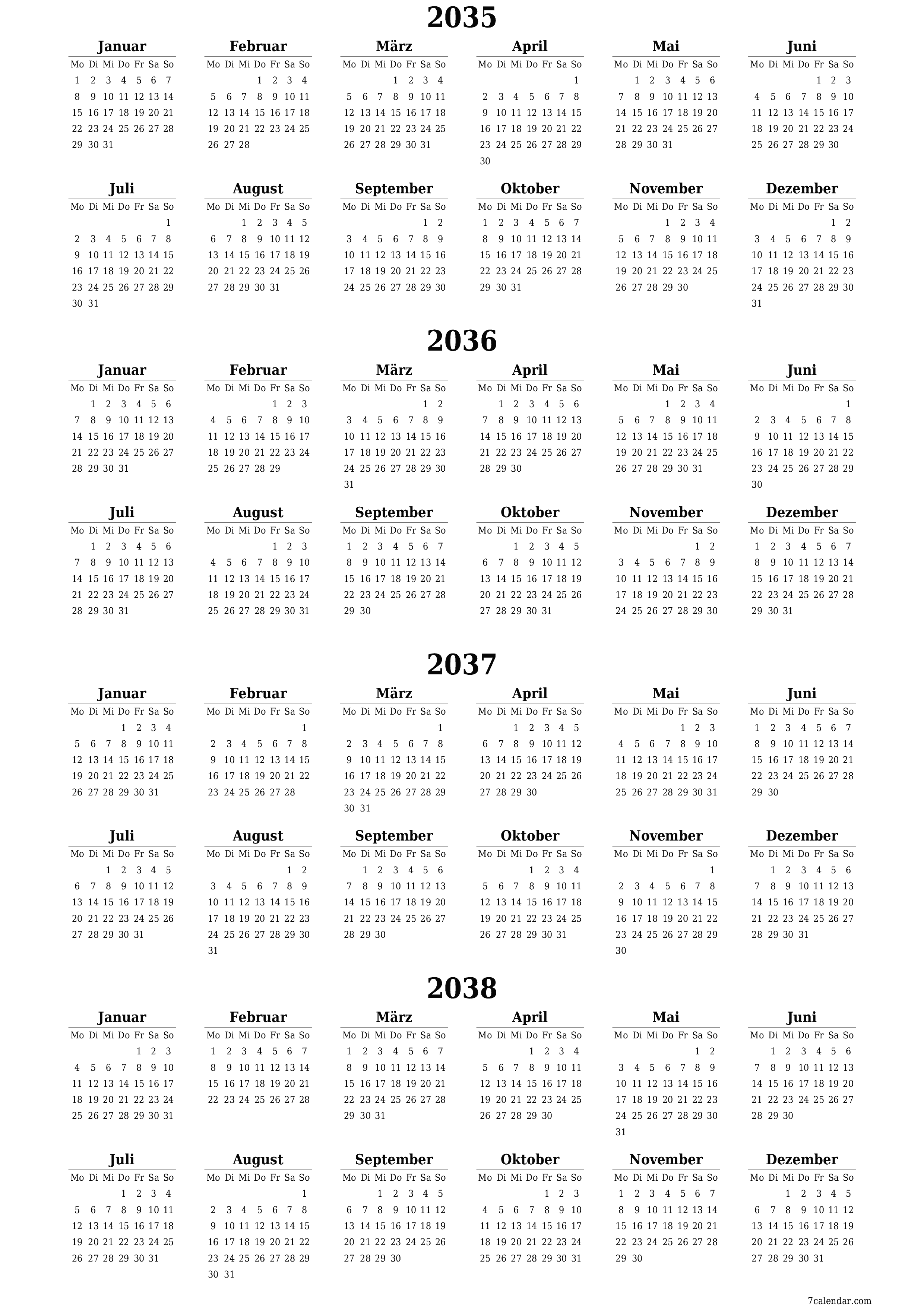 Jahresplanerkalender für das Jahr 2035, 2036, 2037, 2038 mit Notizen leeren, speichern und als PDF PNG German - 7calendar.com drucken