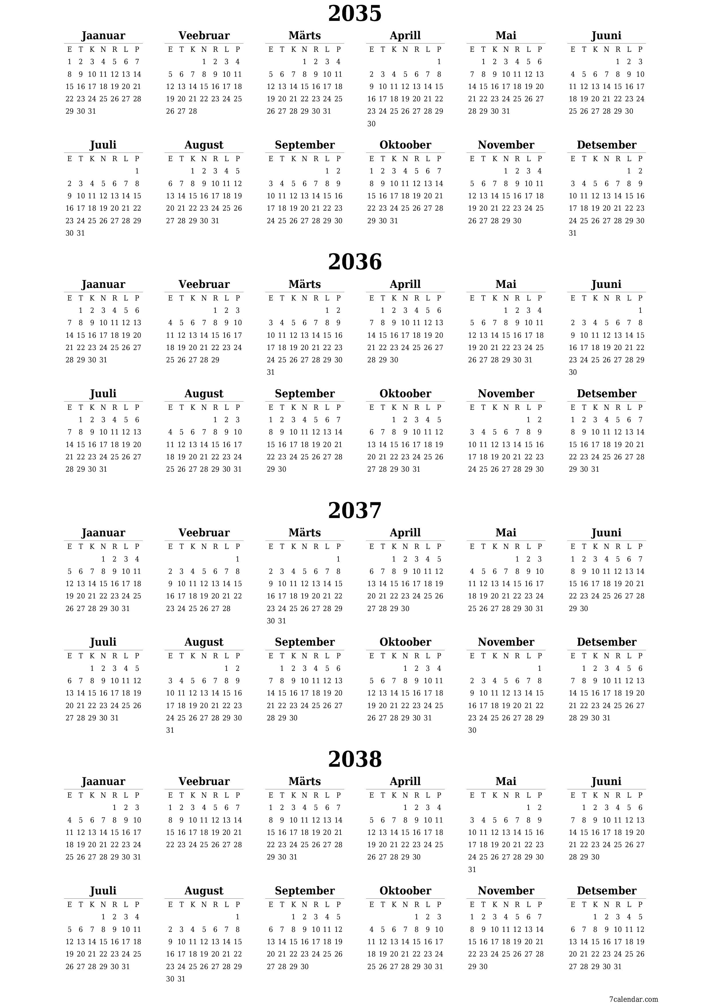 Tühi aasta planeerija kalender aastaks 2035, 2036, 2037, 2038 koos märkmetega, salvestage ja printige PDF-i PNG Estonian