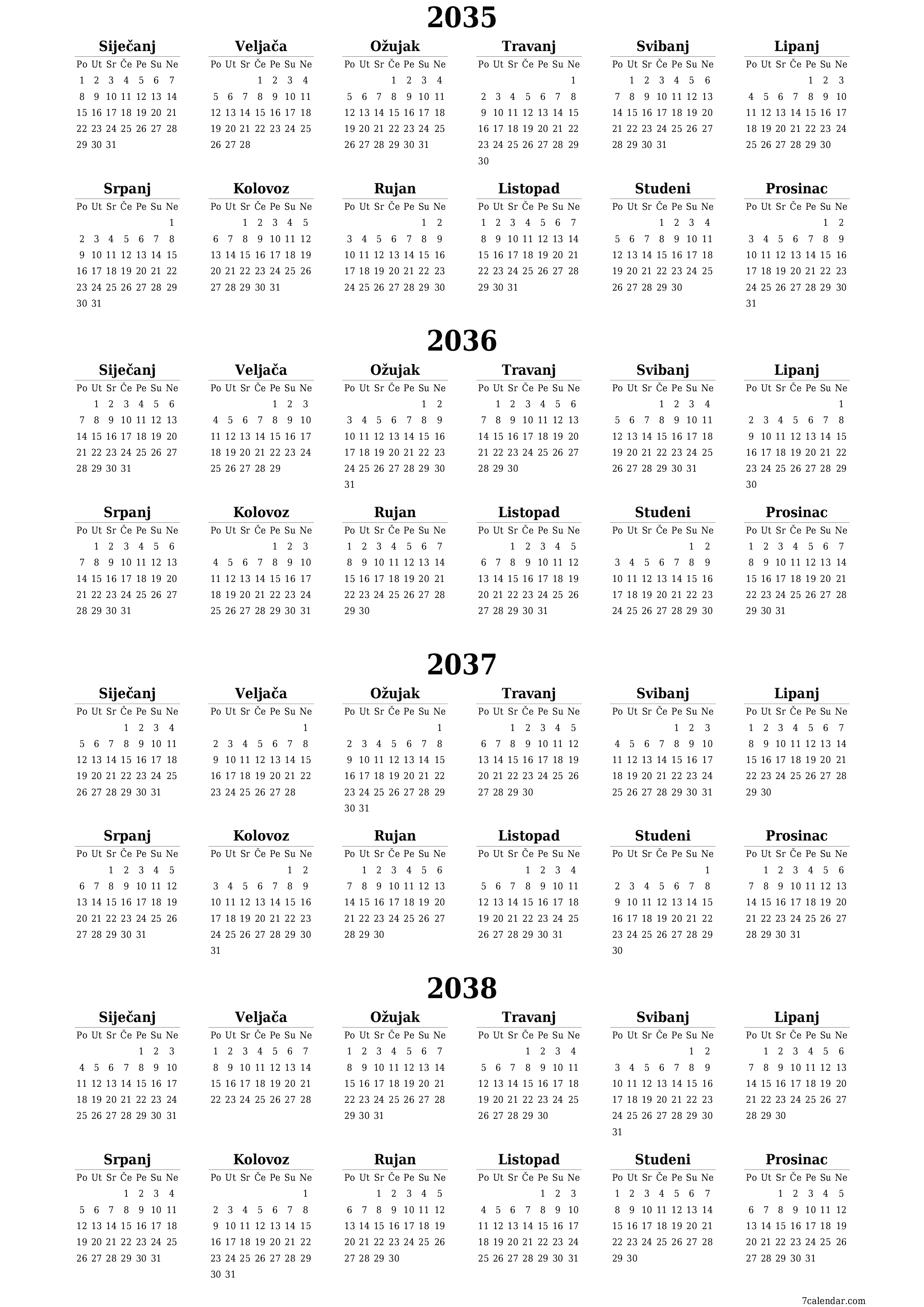 Ispraznite godišnji kalendar planera za godinu 2035, 2036, 2037, 2038 s bilješkama, spremite i ispišite u PDF PNG Croatian